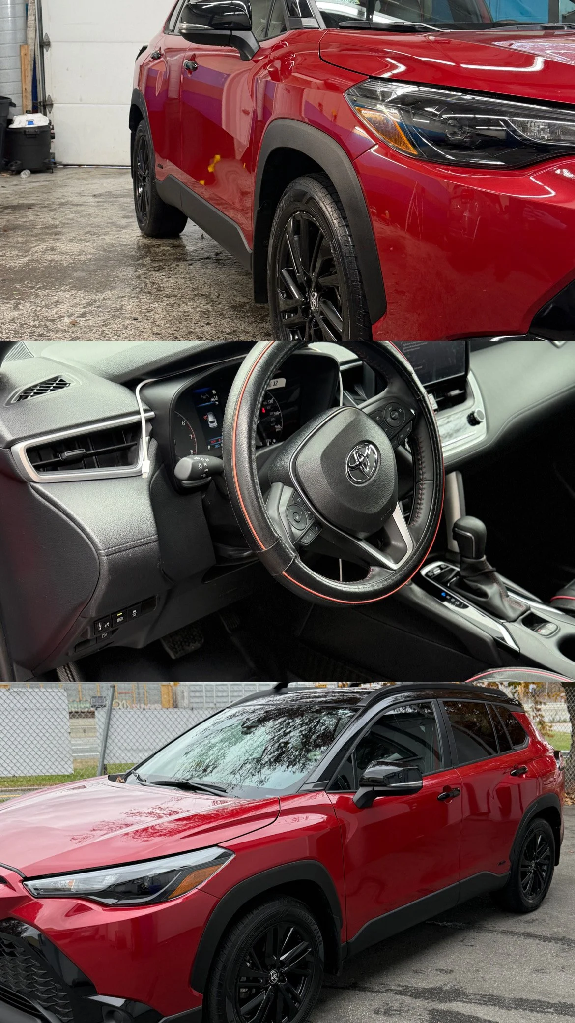 This image features a red Toyota RAV4 with black wheels. The interior view displays a dashboard with a steering wheel and center console, showing the gear shift and infotainment system.