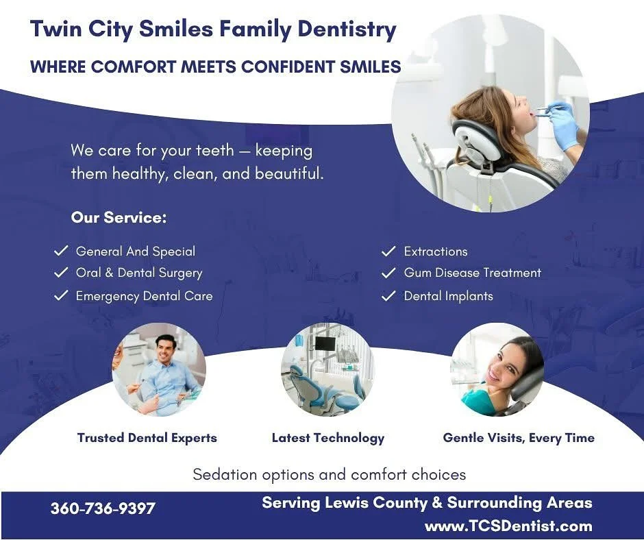 Where Comfort Meets Confident Smiles!
Looking for a trusted family dentist in Lewis County or Thurston County, WA?
We provide gentle, personalized dental care using the latest technology and sedation options for a relaxing visit &mdash; every time.


