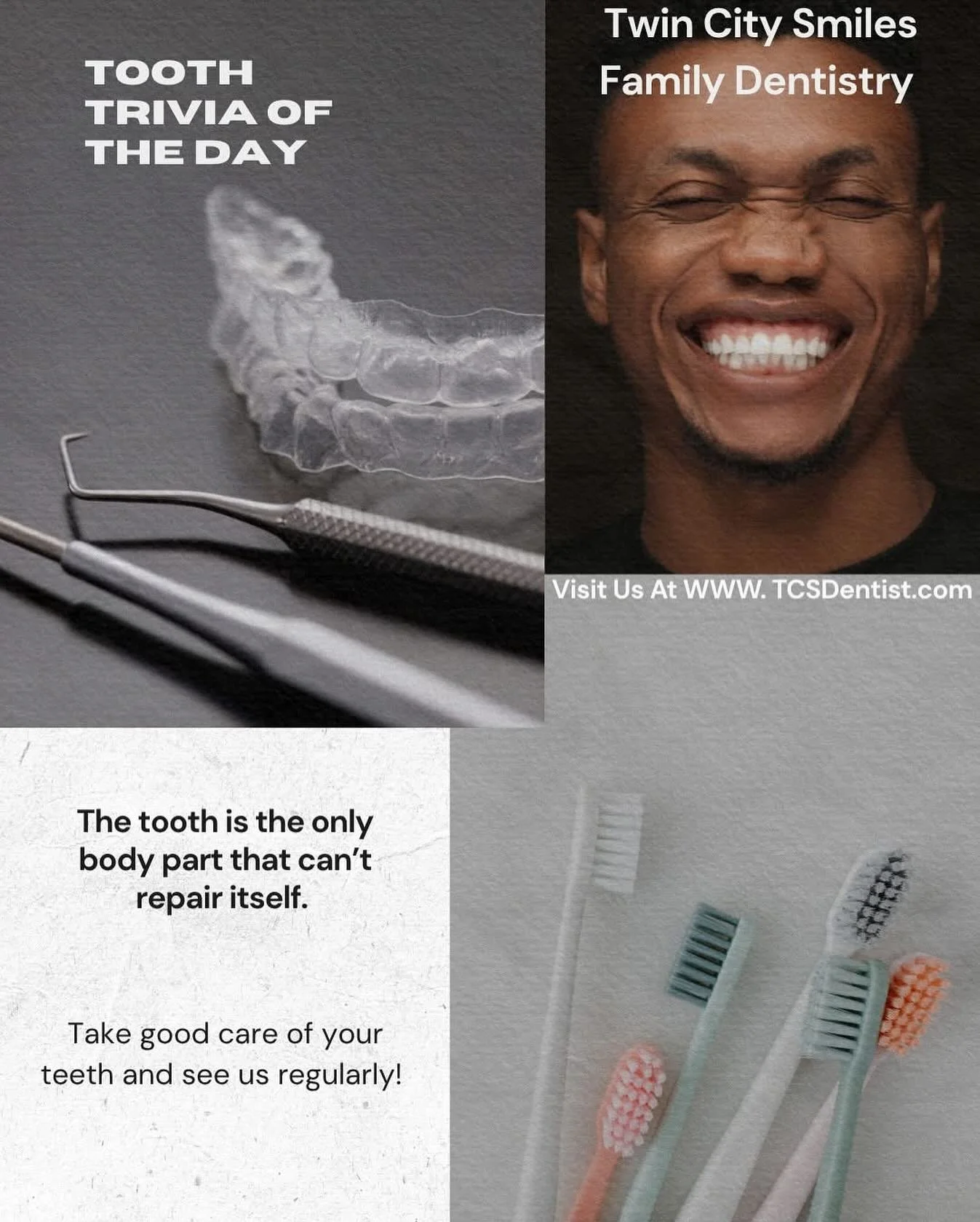 🪥 Tooth Trivia of the Day:
Did you know your tooth is the only part of your body that can&rsquo;t repair itself?
That&rsquo;s why regular dental visits are so important!

At Twin City Smiles Family Dentistry, we&rsquo;re here to help you keep your s
