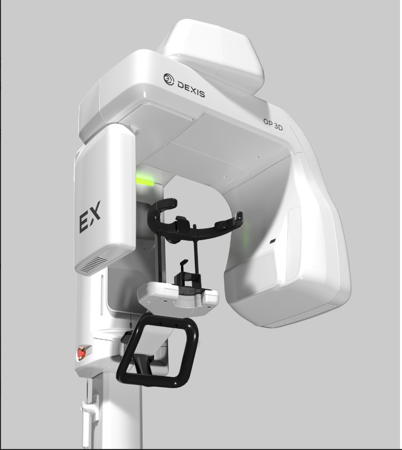 Medical imaging machine, specifically a 3D X-ray or CT scanner with a circular arm and a patient positioner in the center.