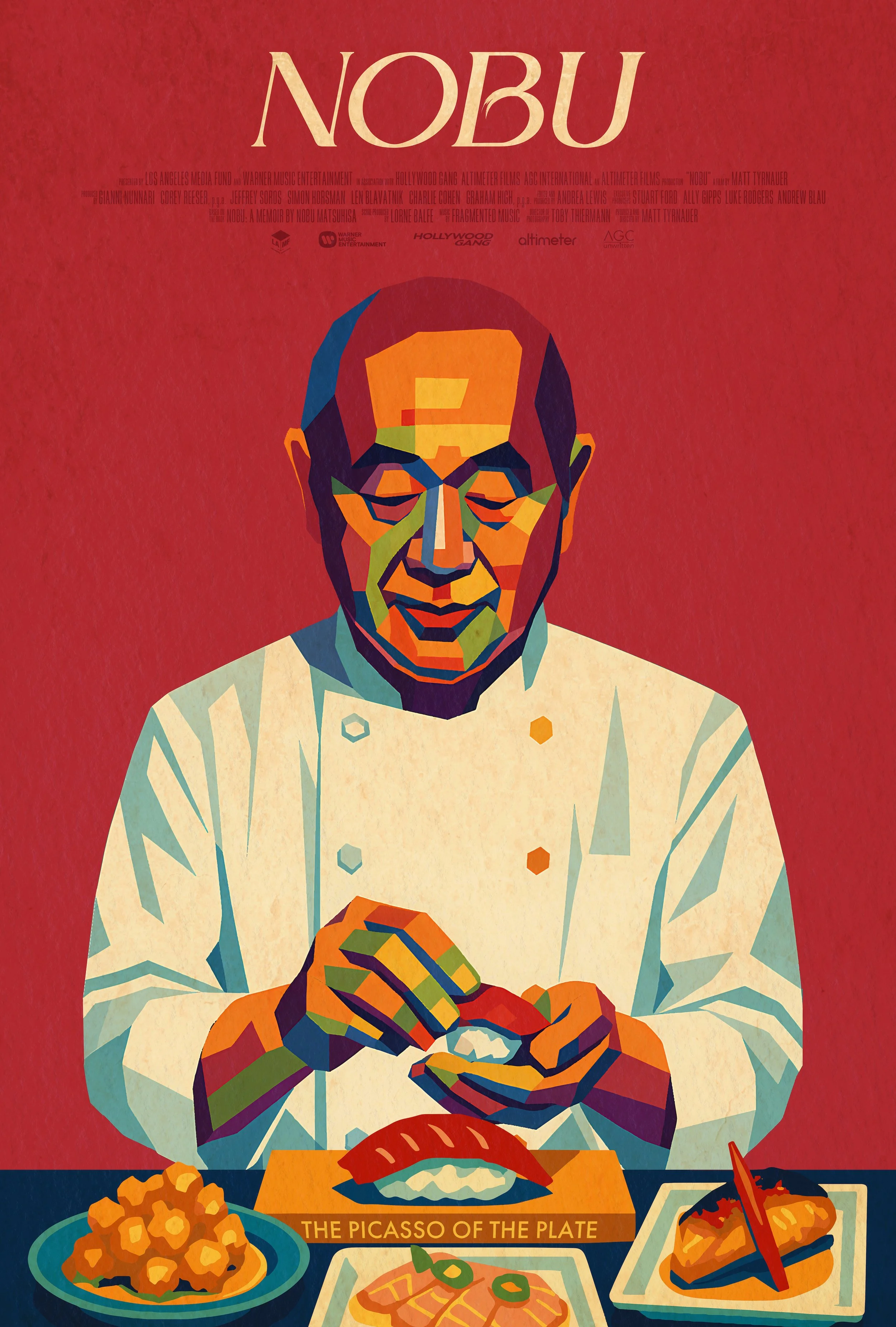 Poster for the documentary film 'Nobu' featuring a smiling chef in a white uniform presenting a dish of grilled fish on a plate, with fresh ingredients like salmon and greens visible below.