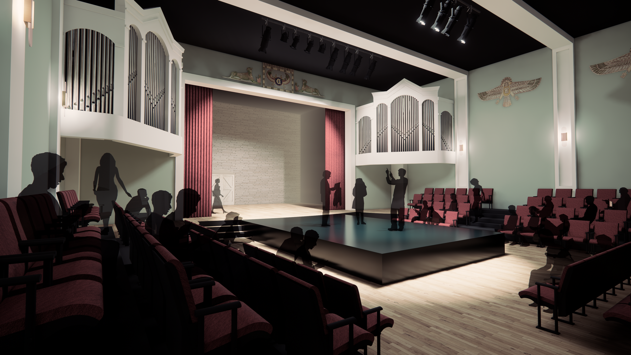 The flat floor of the main performance space provides maximum flexibility. Portable staging, audience risers, and seating makes the space function in traditional proscenium seating, three-quarter thrust seating (pictured), or with everything removed 