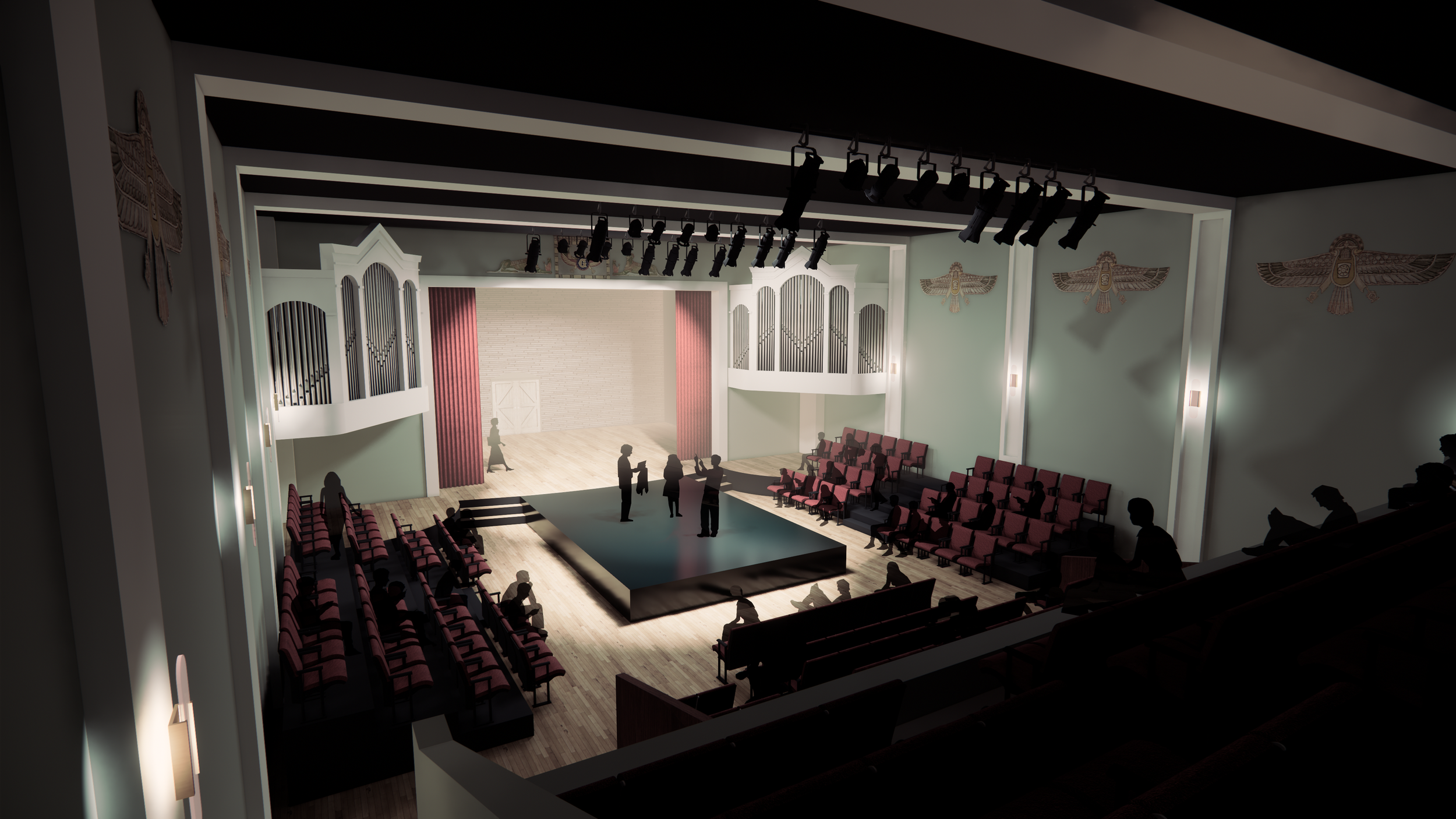 At the back of the balcony, a technical booth provides stage management, lighting, and sound technicians an unobstructed view of the stage.