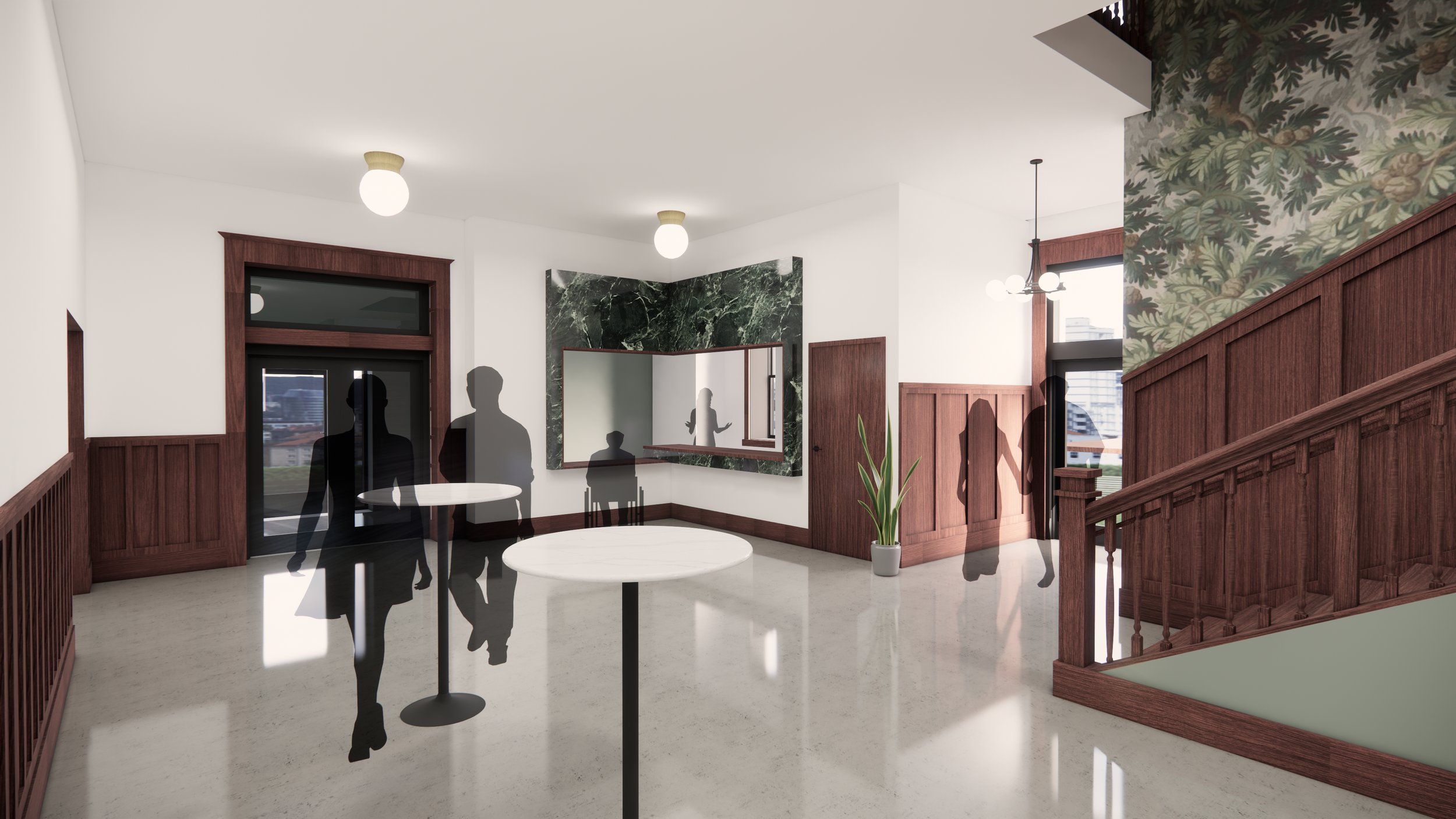 This conceptual image by Shelter Architecture shows a view of the ticket office with the 5th Street entrance (left) and the Main Street entrance (right). A new elevator (just inside the Main Street entrance) accompanies the opened existing stairwell.