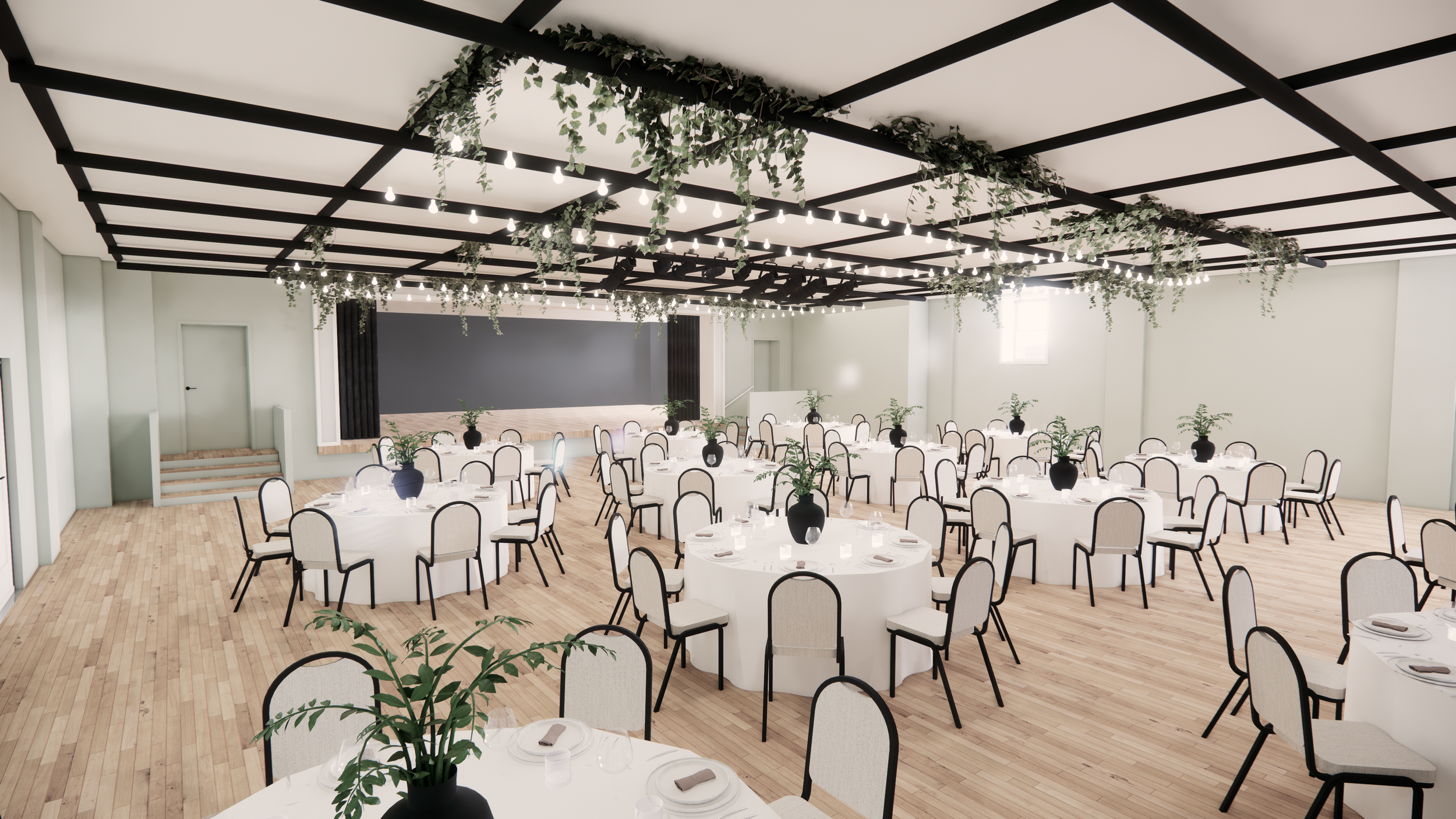 These concept images by Shelter Architecture show two potential set ups for the large gathering room on the first floor. A grid of lighting positions provides maximum flexibility for the space, from a dining room, cabaret or black box theater to a da
