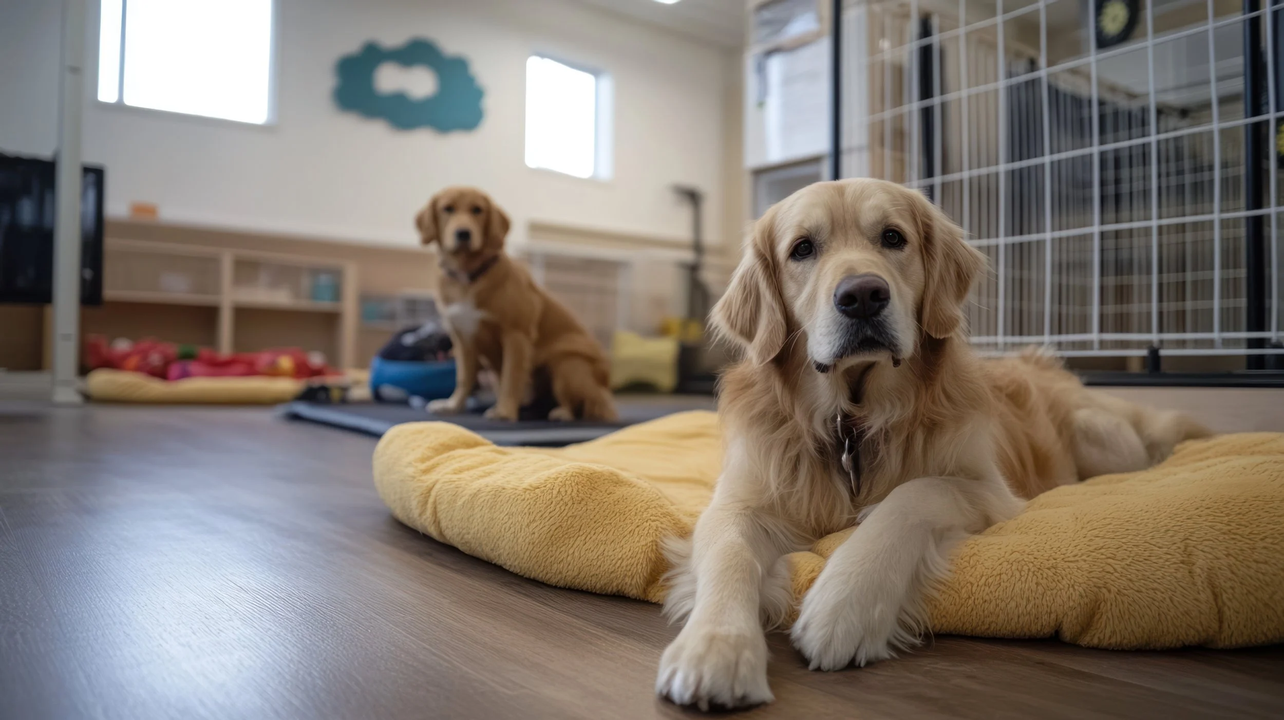 Two golden retriever dogs in a brightly lit indoor space with wooden flooring and dog crates. One dog is lying on a yellow blanket in the foreground, and the other is sitting in the background near dog toys and bedding.