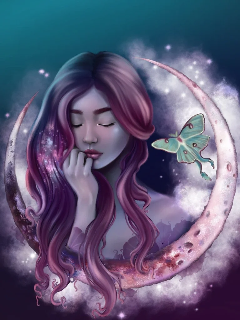 Digital illustration of a woman with long, wavy purple and pink hair, eyes closed, resting her chin on her hand, with a dreamy expression. She is surrounded by a glowing crescent moon, a green butterfly, and a starry, cosmic background.