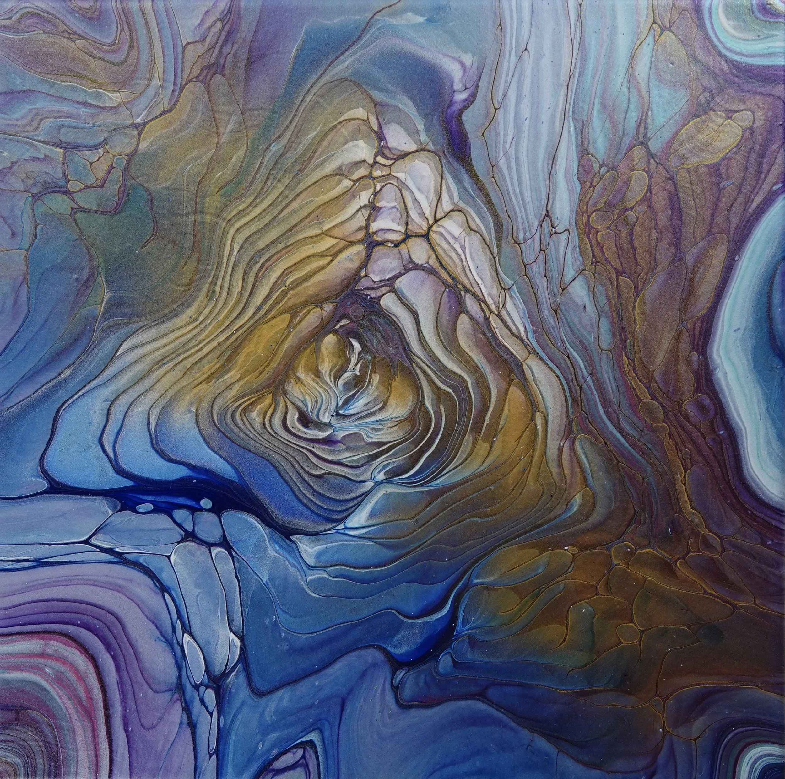 Colorful abstract painting with swirling patterns of blue, purple, gold, and white, resembling flowing water or marble textures.