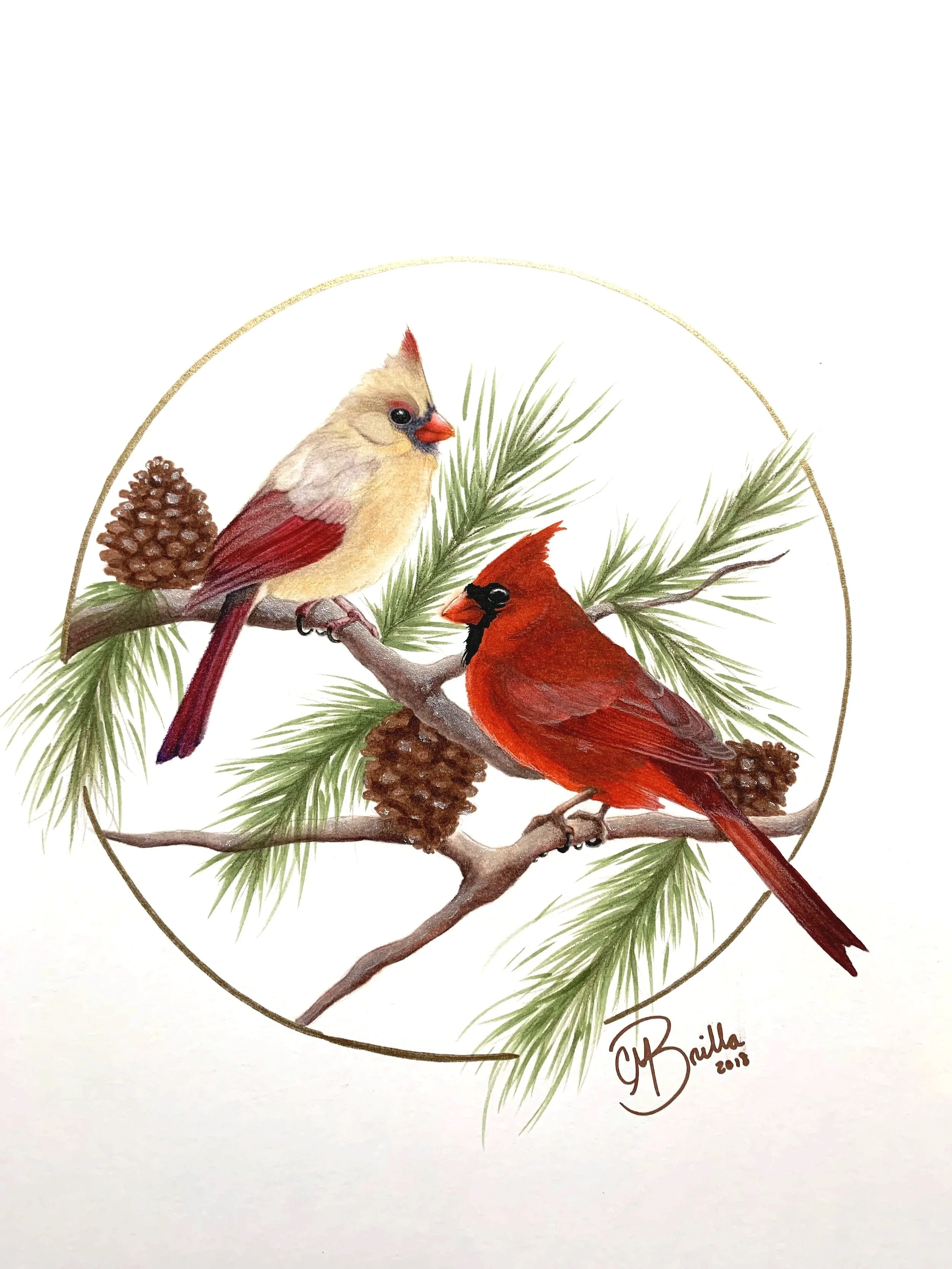 Painting of a pine tree branch with two cardinals, pinecones, and pine needles, signed 'Baille 2019'.