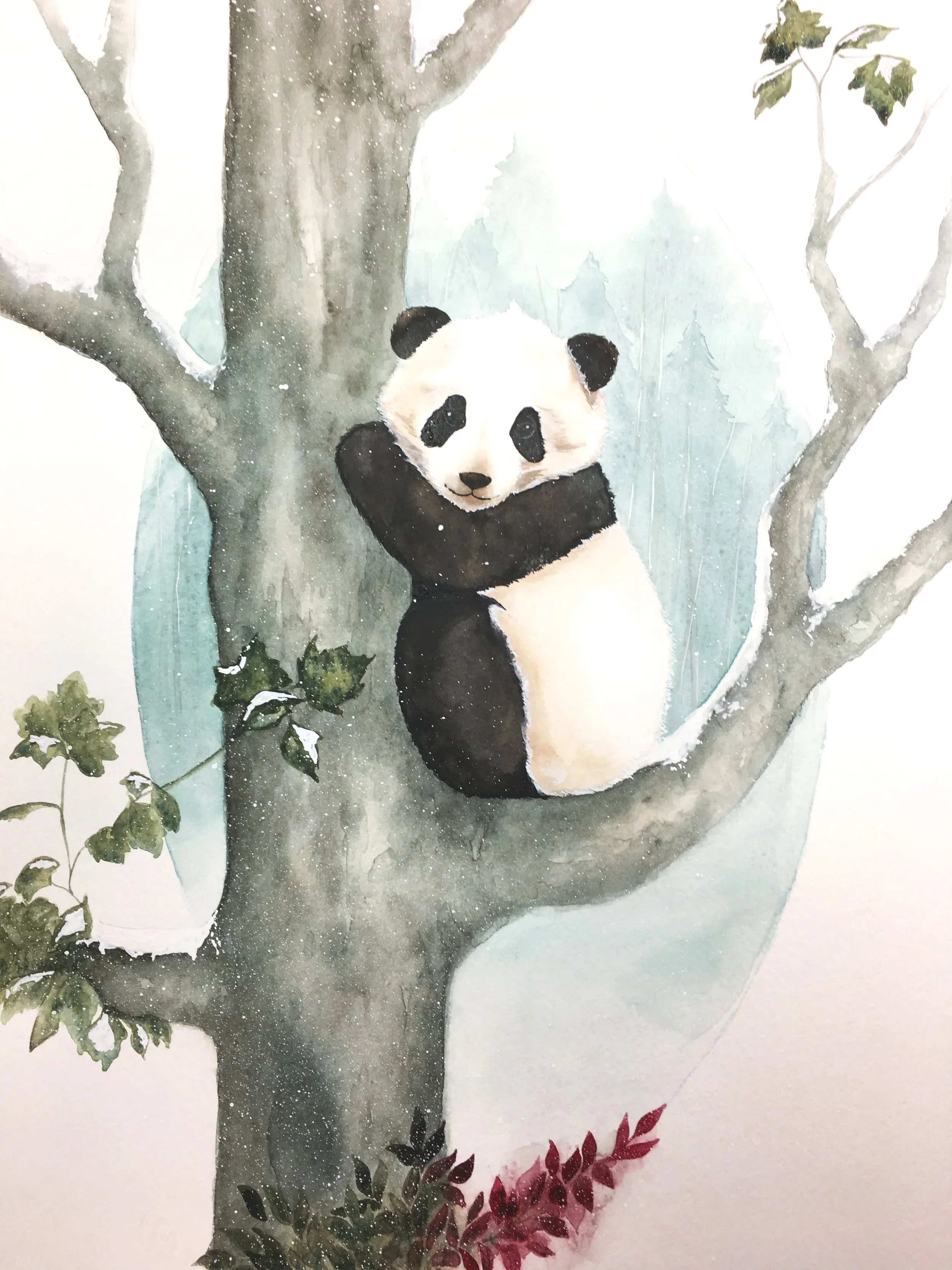 Watercolor illustration of a panda bear sitting on a tree branch in a forest, with leaves and trees in the background.