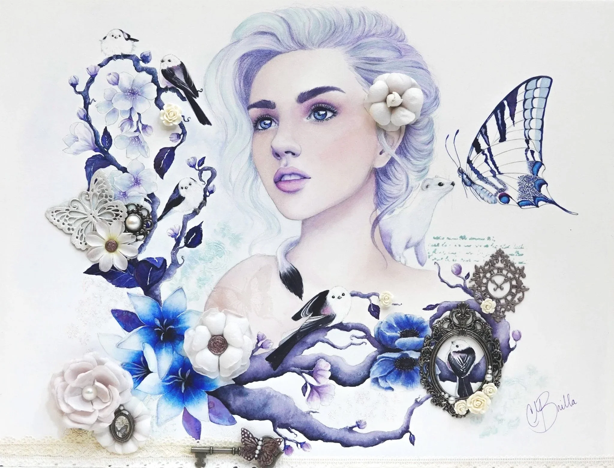 Mixed media artwork featuring a woman with purple hair, surrounded by flowers, birds, bees, butterflies, a clock, and various decorative elements in shades of purple, blue, and white.