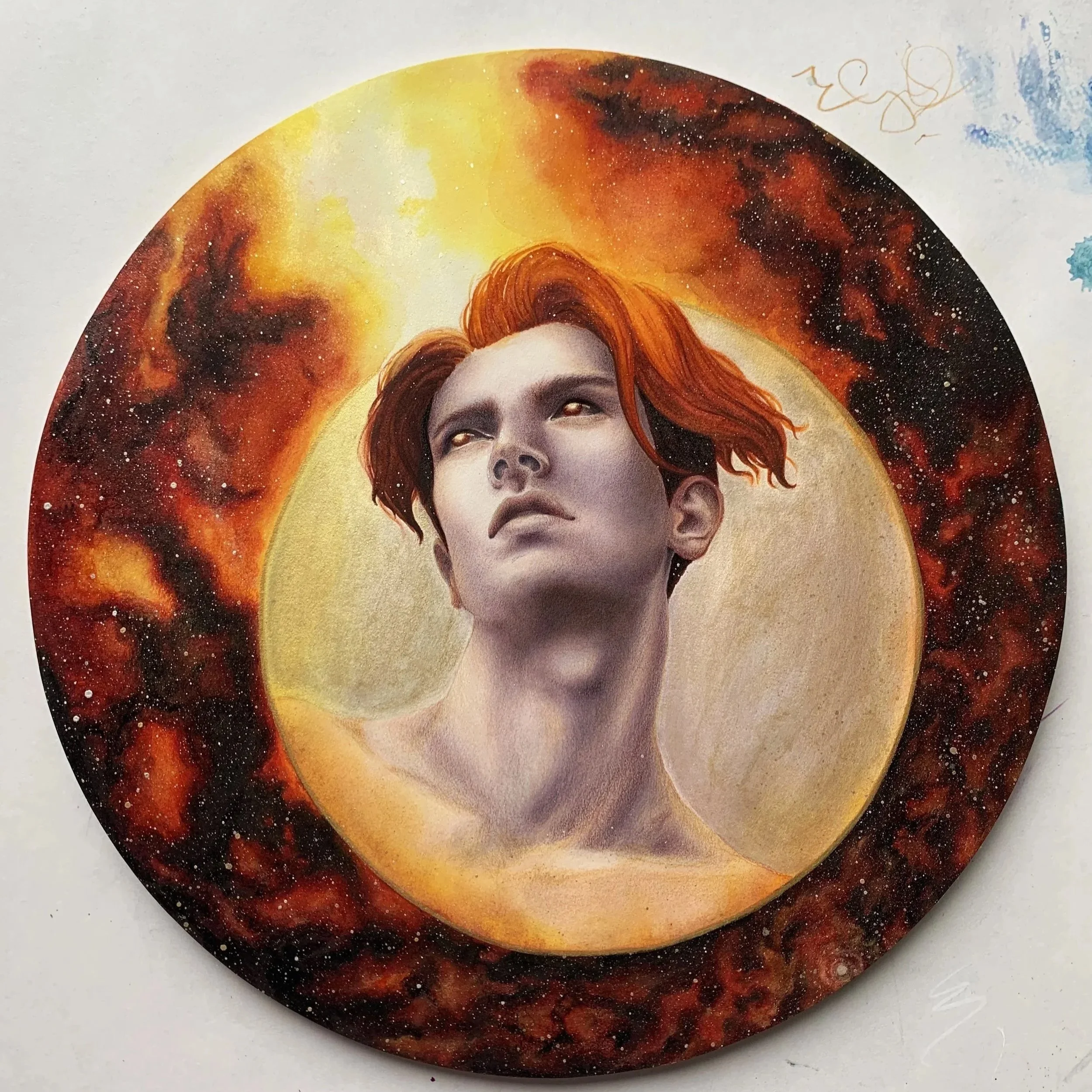 A circular painting of a person with red hair and a serious expression, surrounded by a cosmic background with swirling reds, oranges, and blacks, resembling a nebula or galaxy.