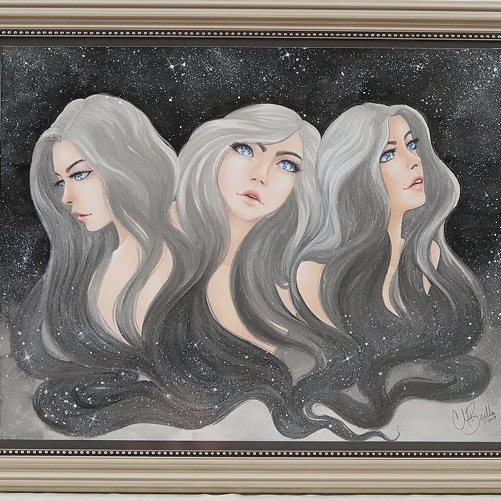 Artwork of three women with long, flowing gray hair set against a starry black background.
