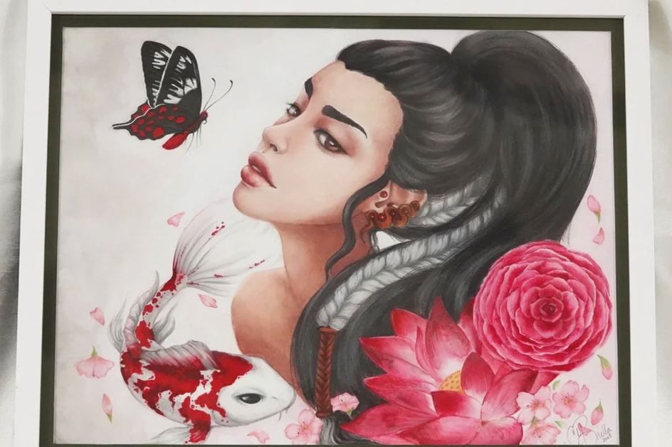A detailed artwork of a woman with dark, styled hair, surrounded by a butterfly, a koi fish, and large pink flowers.