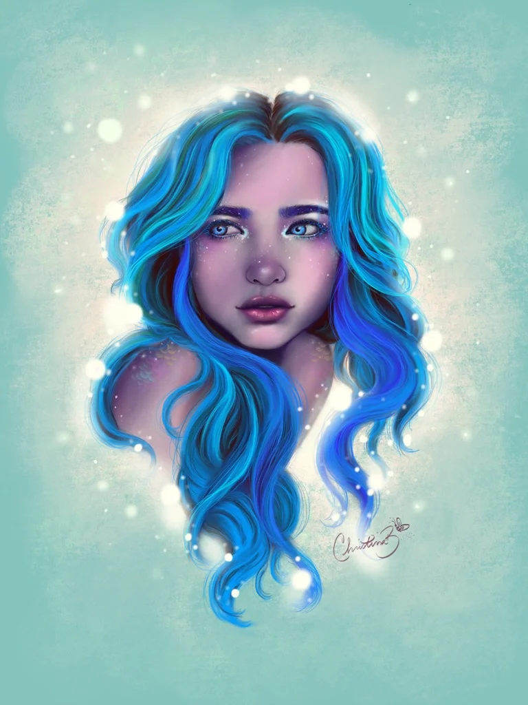 Digital painting of a young woman with long, wavy blue hair, glowing highlights, and light skin, set against a soft turquoise background with glowing white orbs.