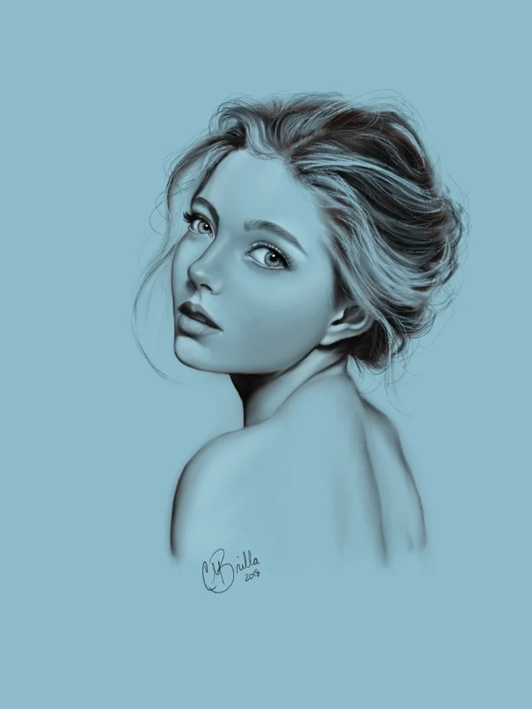 Digital portrait of a young woman with tousled hair, looking over her shoulder, against a light blue background.