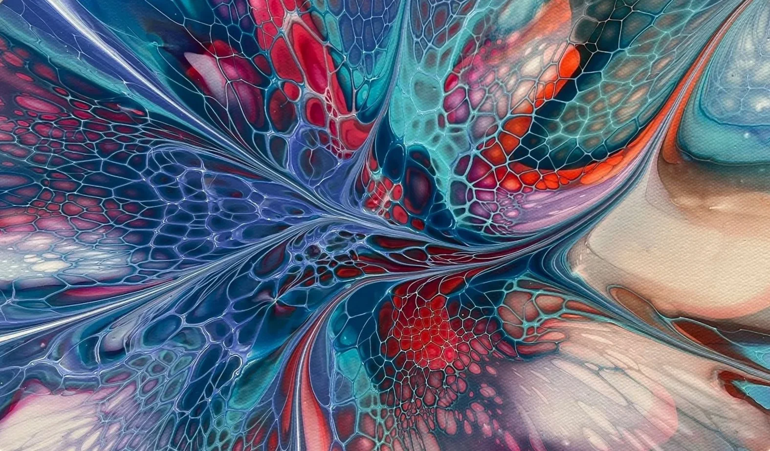 Blue Green with Red accents Acrylic Bloom Painting