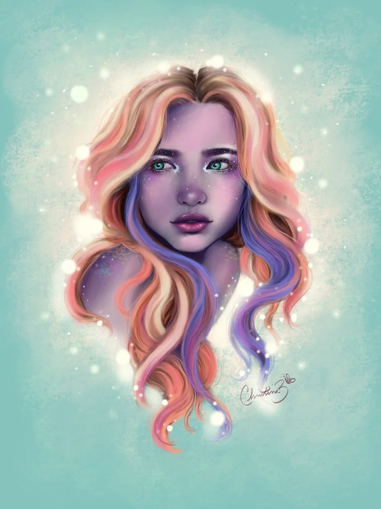 Digital portrait of a young woman with pastel-colored wavy hair and glowing eyes, set against a soft blue background with light bokeh effects.