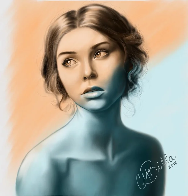 Digital art portrait of a young woman with wavy brown hair, blue lips, and light skin, looking to the side with an artistic background of peach and light blue colors.
