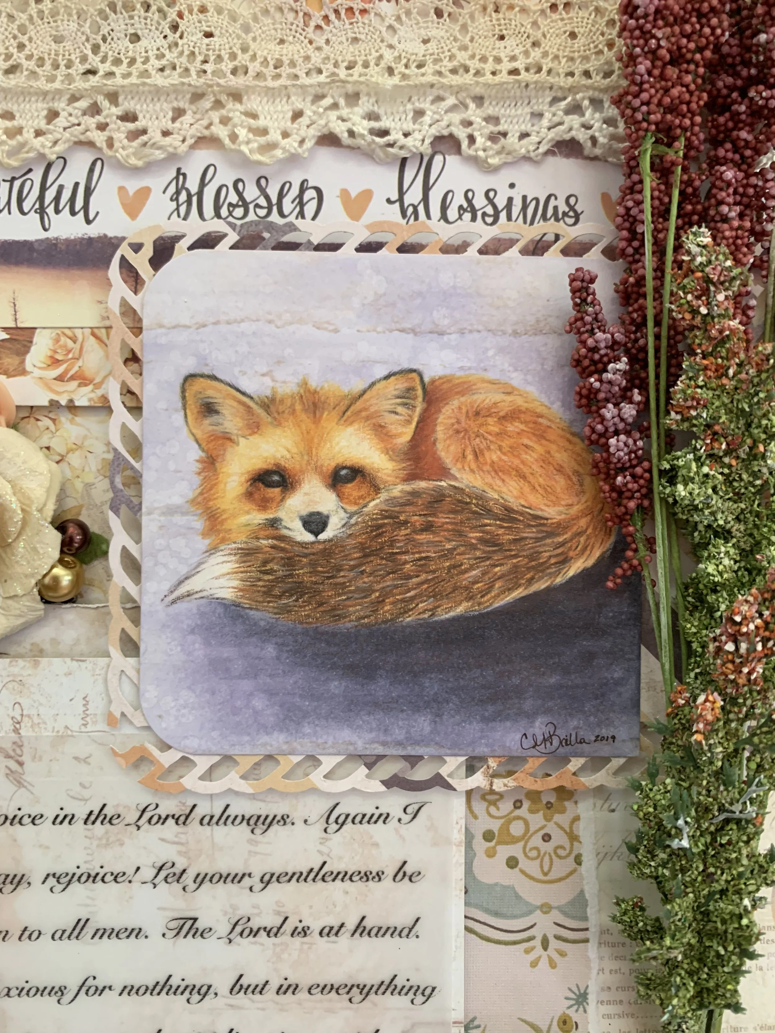 A painting of a fox curled up and resting its head on its tail.