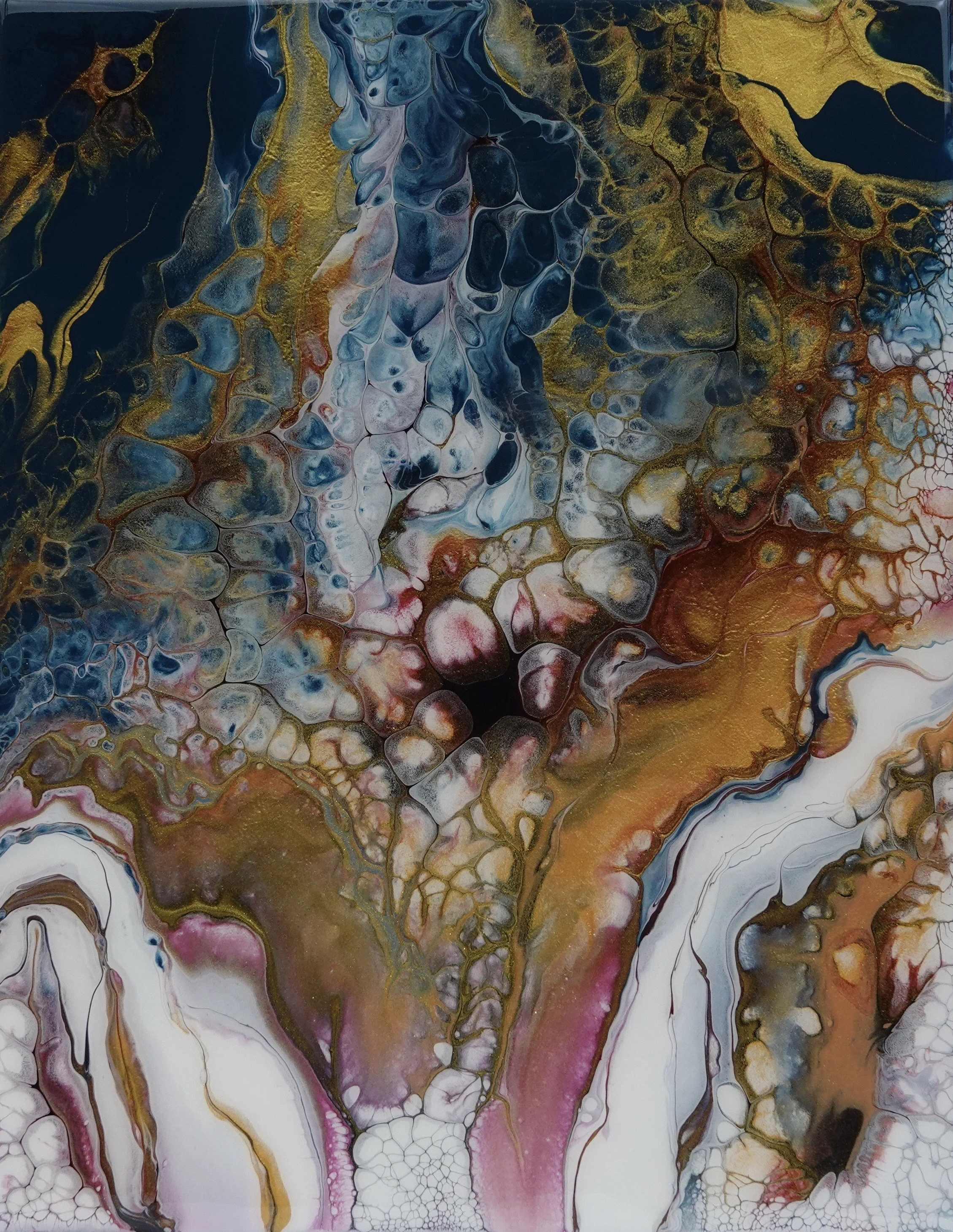 Abstract fluid acrylic painting with swirling patterns in shades of blue, white, pink, gold, and black.