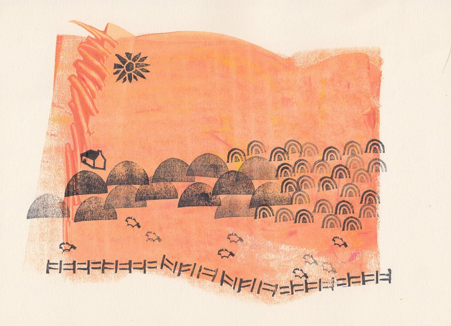 orange field scene with bothy in the background and sheep in the field