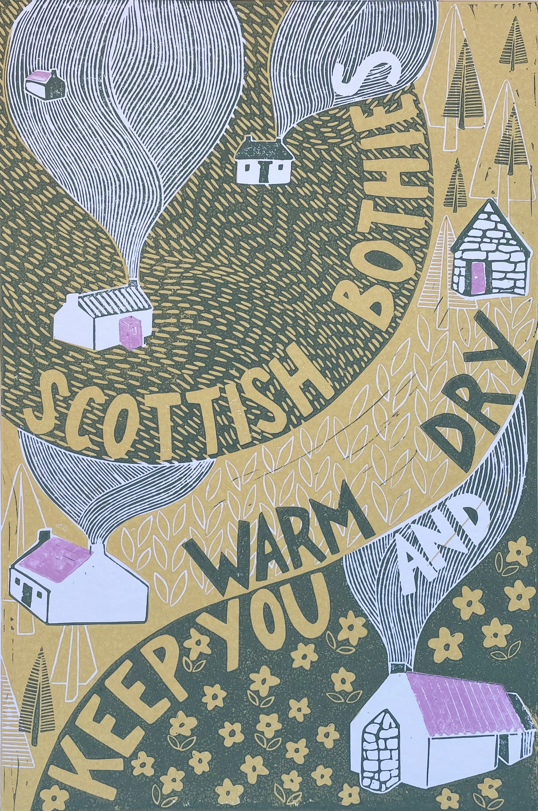 Scottish Bothies, Lino Block Print