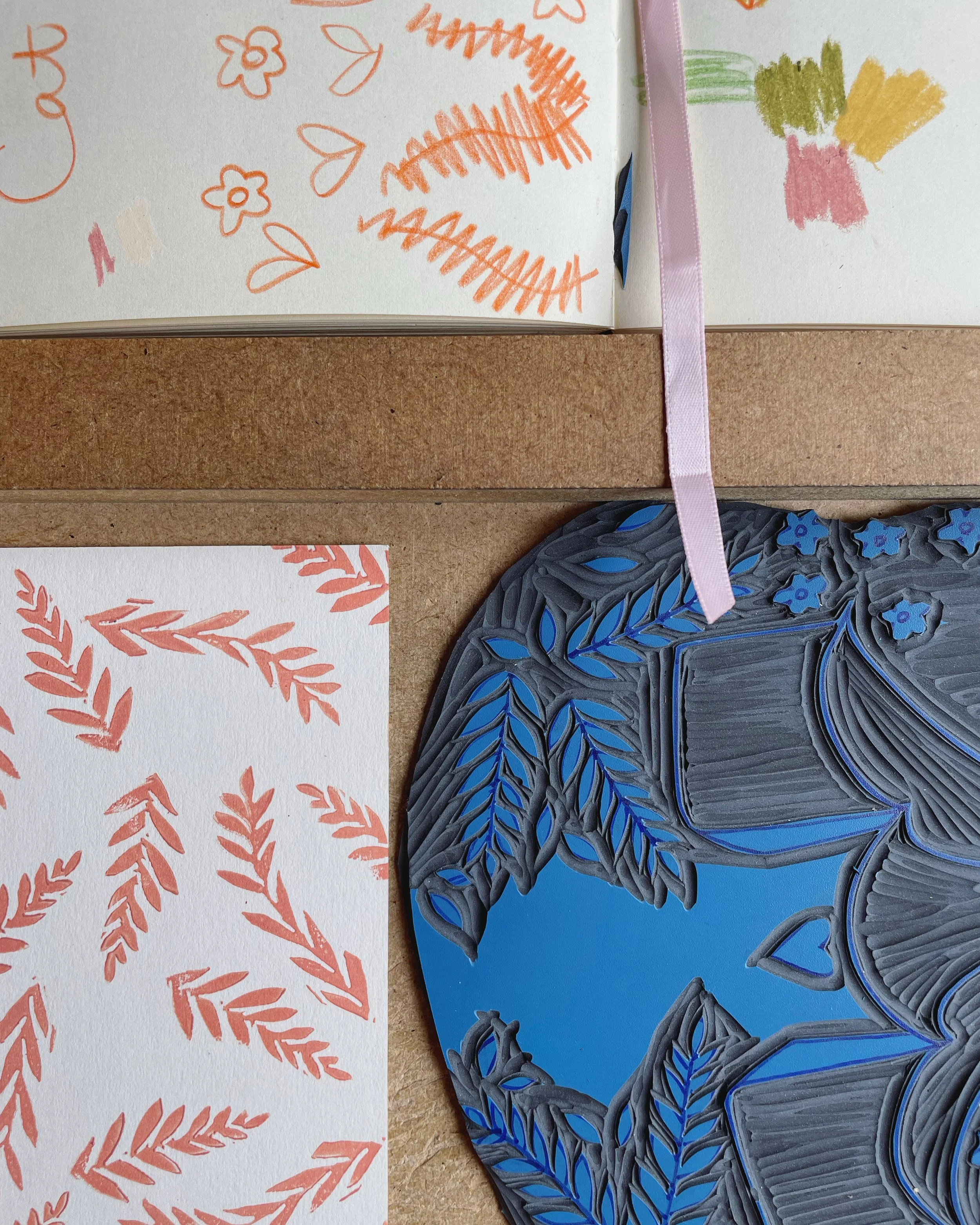 Lino block detail and colour combinations