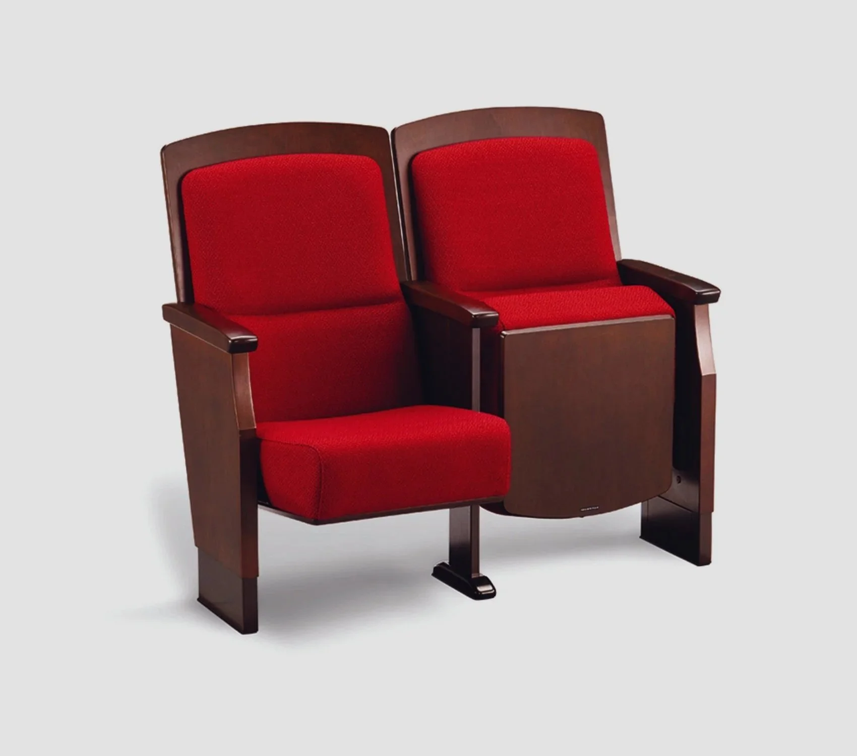 Two red theater seats with wooden armrests and a shared wooden panel at the front.