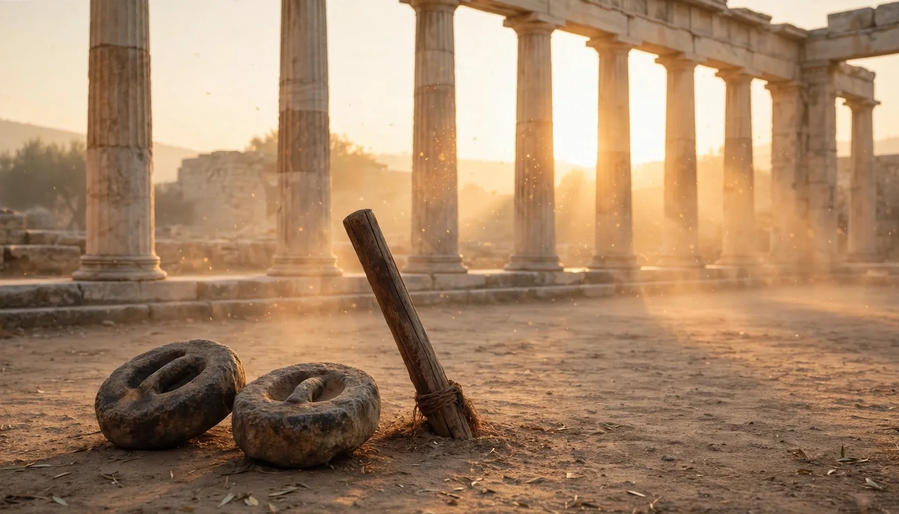 Ancient Greek ruins at sunset with two stone weights and a wooden sledgehammer in the foreground.