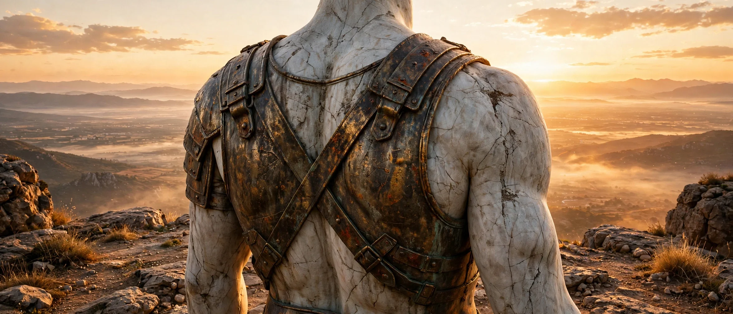 Statue of a muscular man with a cracked white surface, wearing worn metal armor climbing a mountain at sunset with a landscape below.