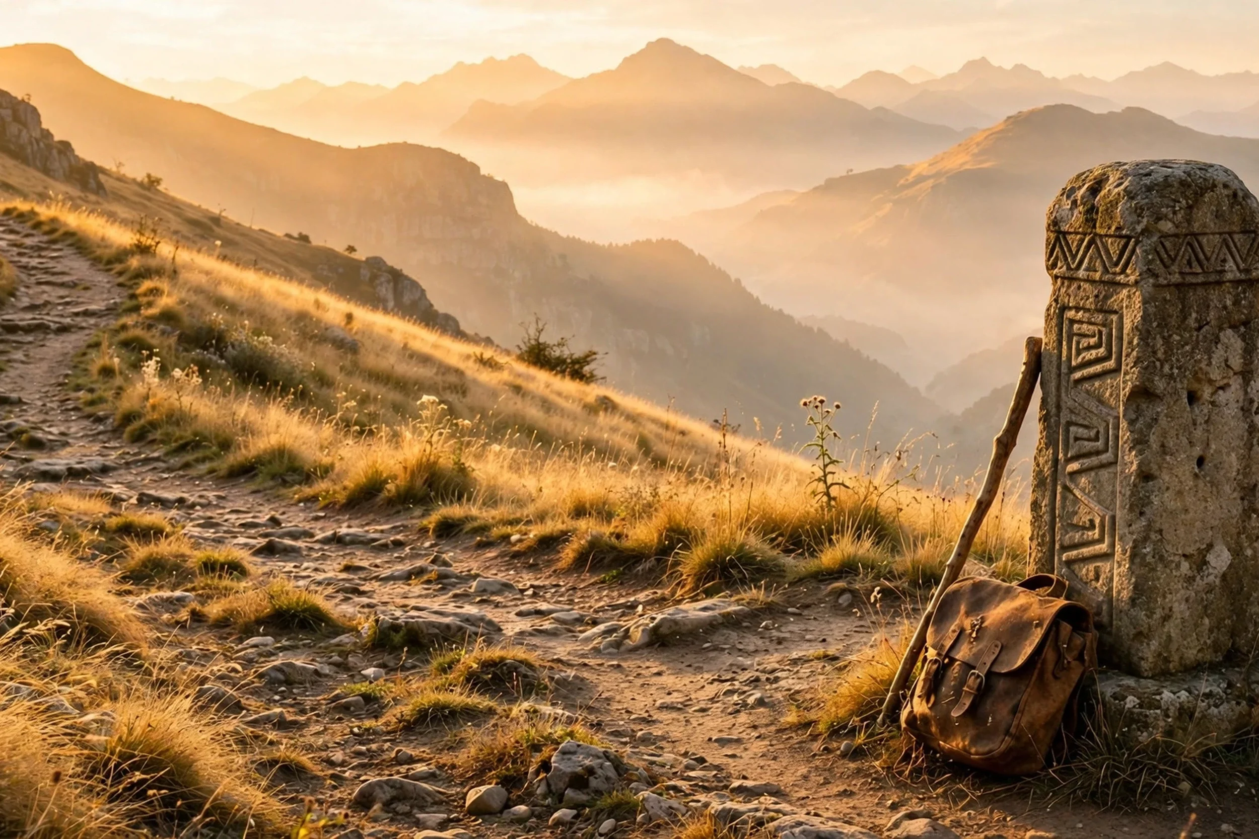 A dirt trail running through a grassy hillside with a mountain range in the background during sunset. A carved stone marker and a worn-out hiking boot are visible in the foreground.