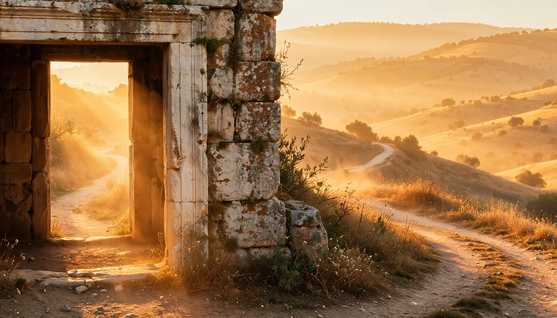 Sunrise over rolling hills with a dirt path, viewed through an ancient stone doorway at sunset.