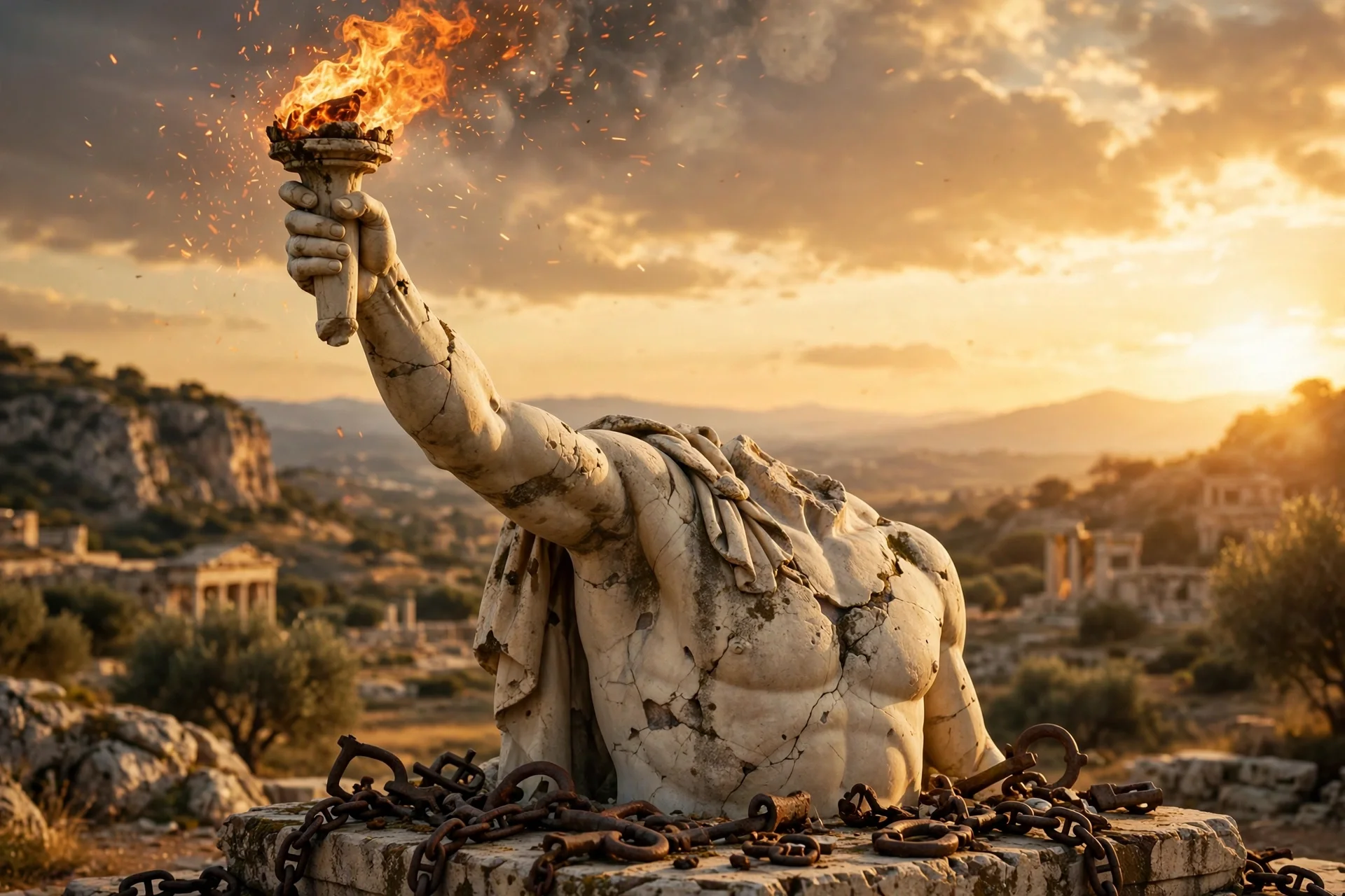 Close-up of a damaged marble statue of the torch of the Statue of Liberty with a flame on top, surrounded by rusty chains, with a sunset sky and distant landscape in the background.