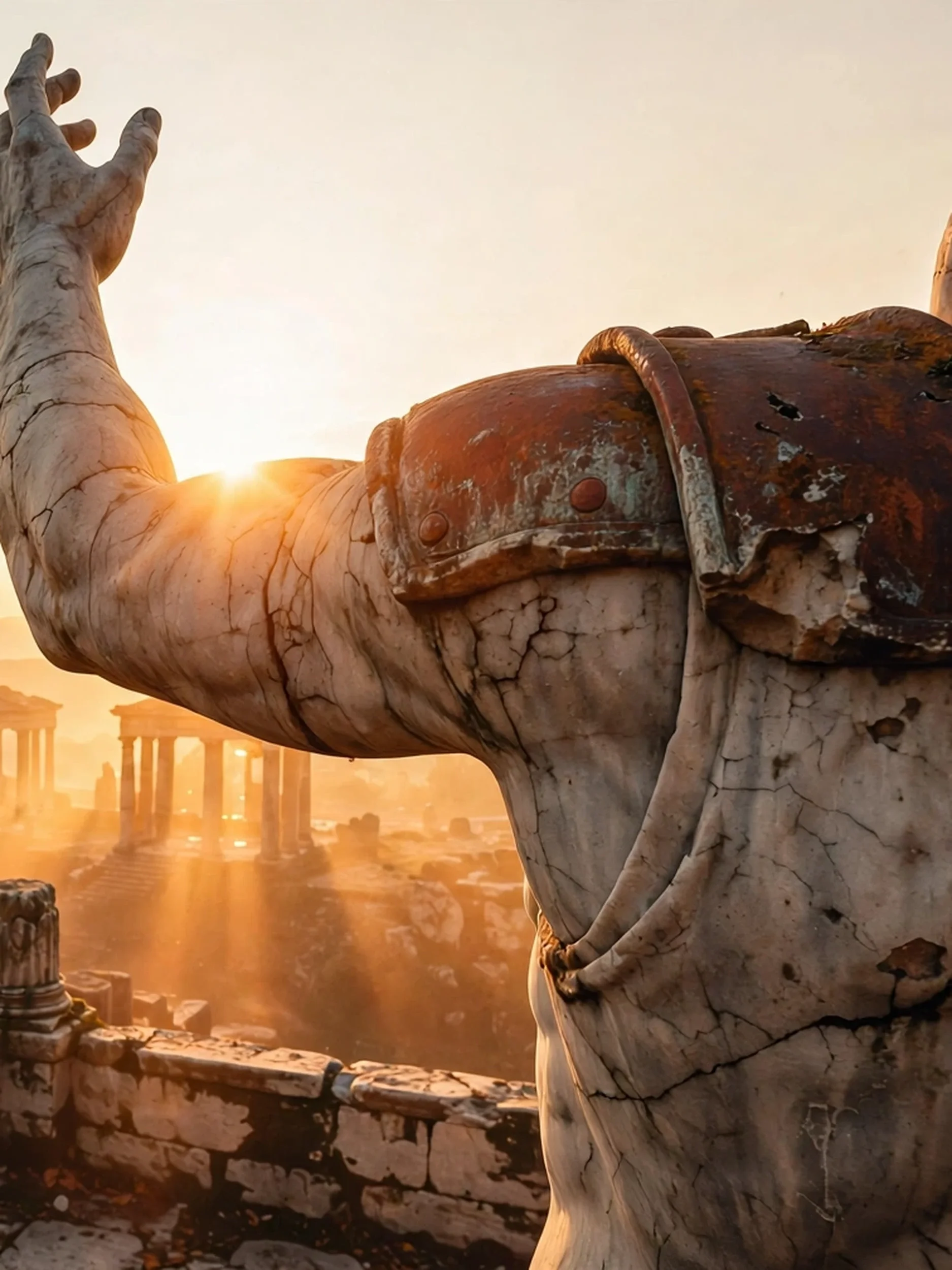 Close-up of a marble statue of a man with an outstretched arm, wearing a leather armor with metal studs, at sunset with ruins and columns in the background.