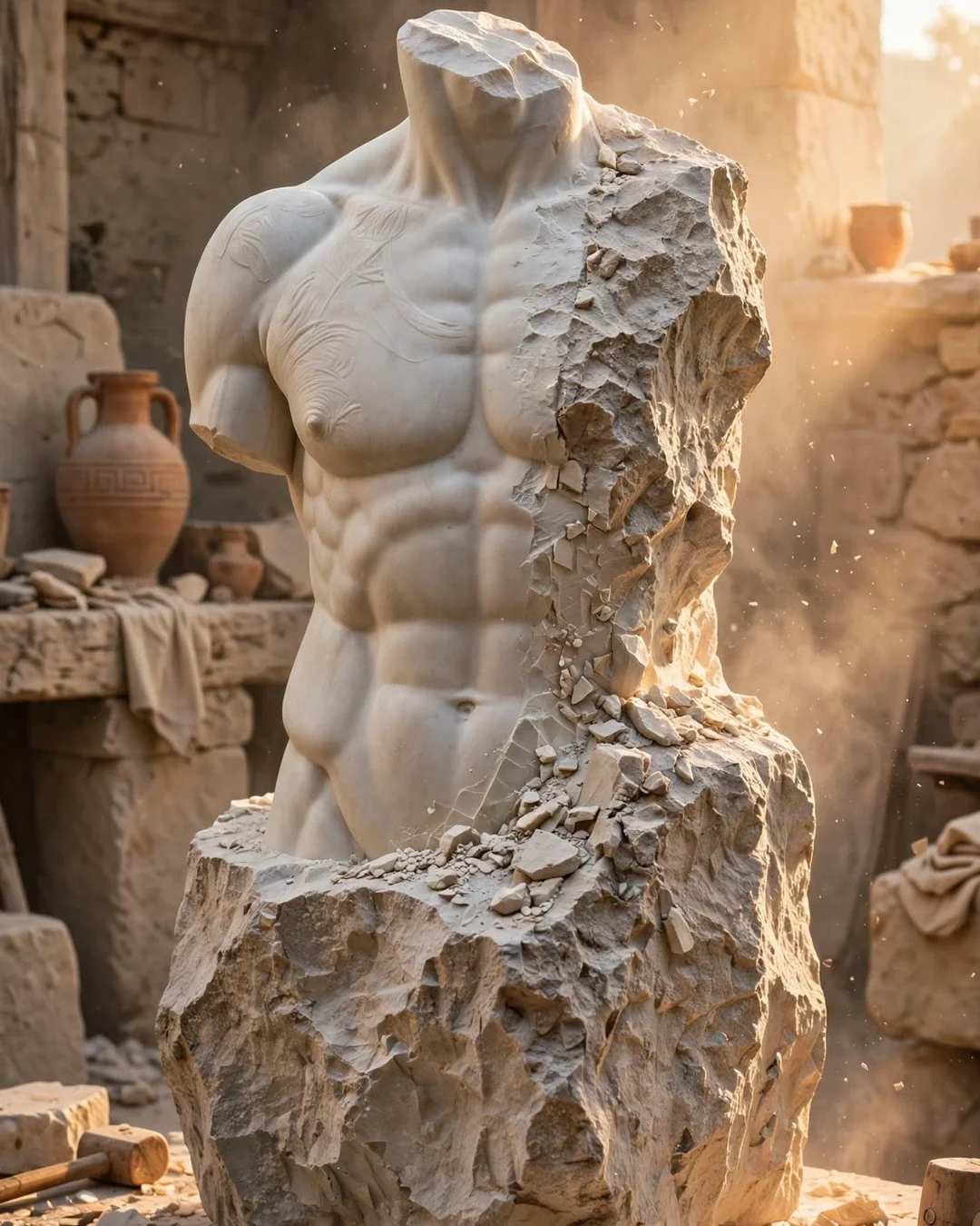 An unfinished marble sculpture of a male torso with defined muscles, partly embedded in a rough stone block, in a rustic workshop with pottery and tools in the background.