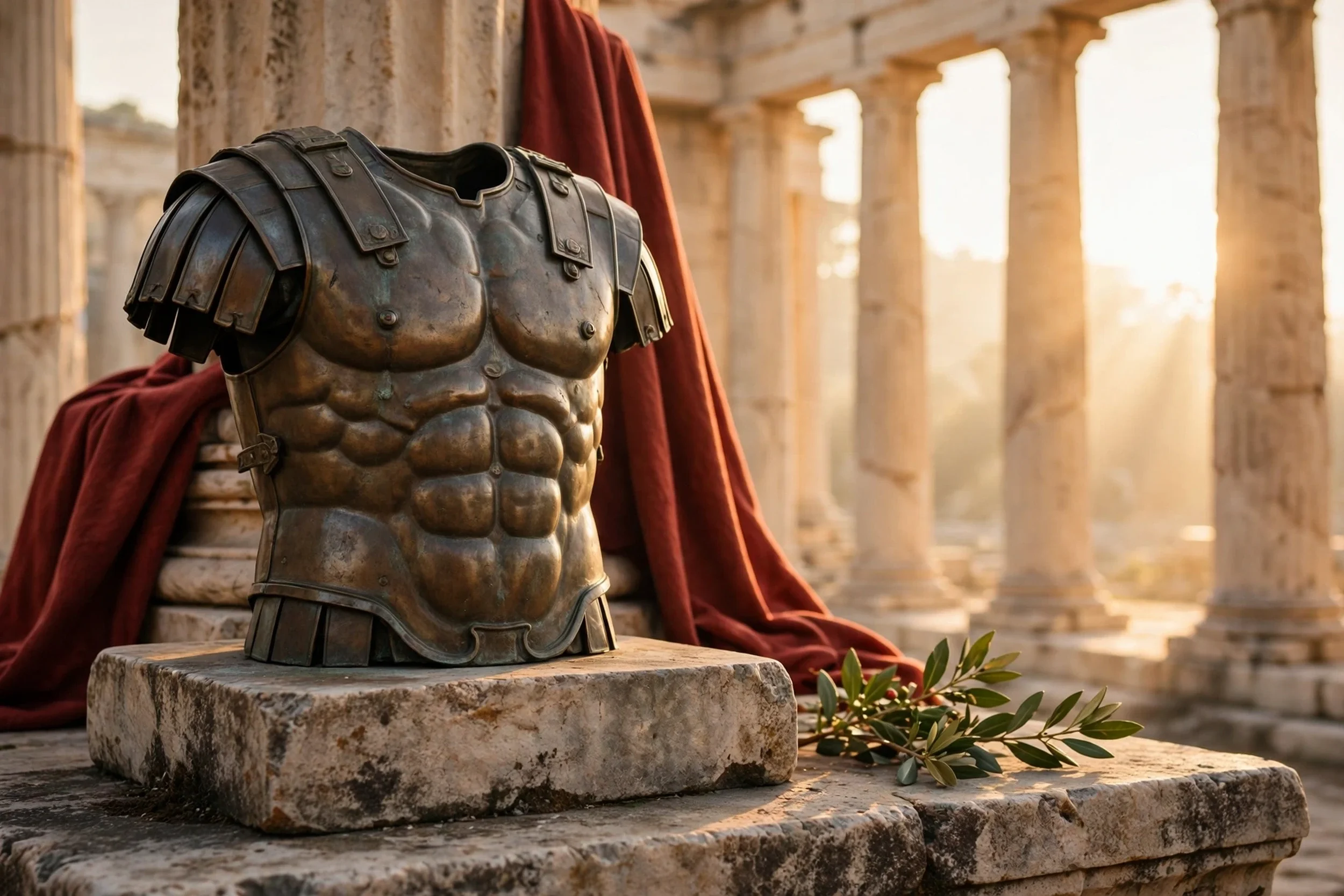 A bronze Roman soldier's torso armor displayed on a stone pedestal, with ruins of ancient columns in the background, and a red cloth draped nearby.