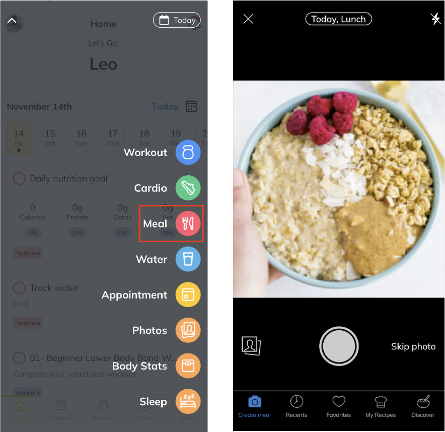 A bowl of oatmeal topped with raspberries, coconut flakes, chopped nuts, and peanut butter.