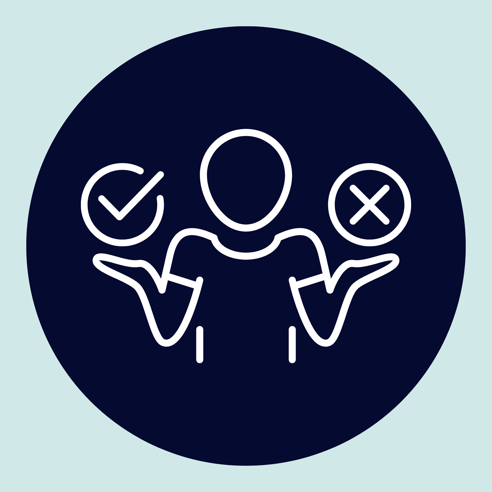 Digital illustration of a voting or decision-making process with a large dark circle featuring three white check, circle, and cross icons, and two hands pointing at the icons. The background is light blue.