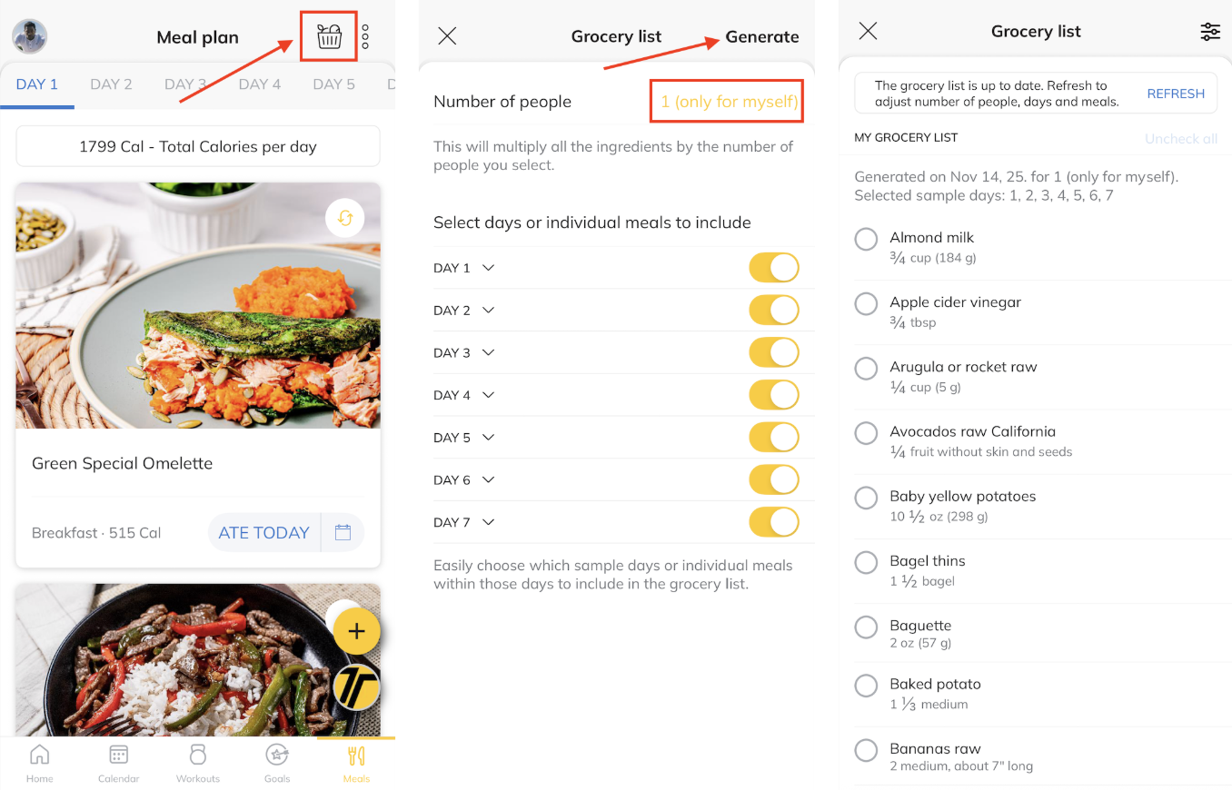 Screenshots of a meal planning app showing a green special omelette and a beef stir-fry dish, a grocery list, and meal plan selections.