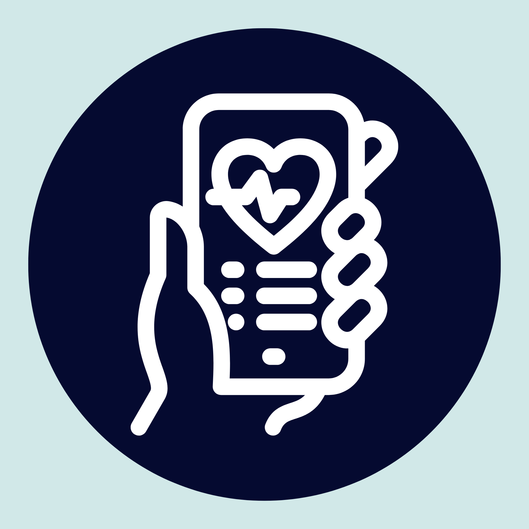 Icon of a hand holding a smartphone with a heart inside the screen, indicating health or well-being.