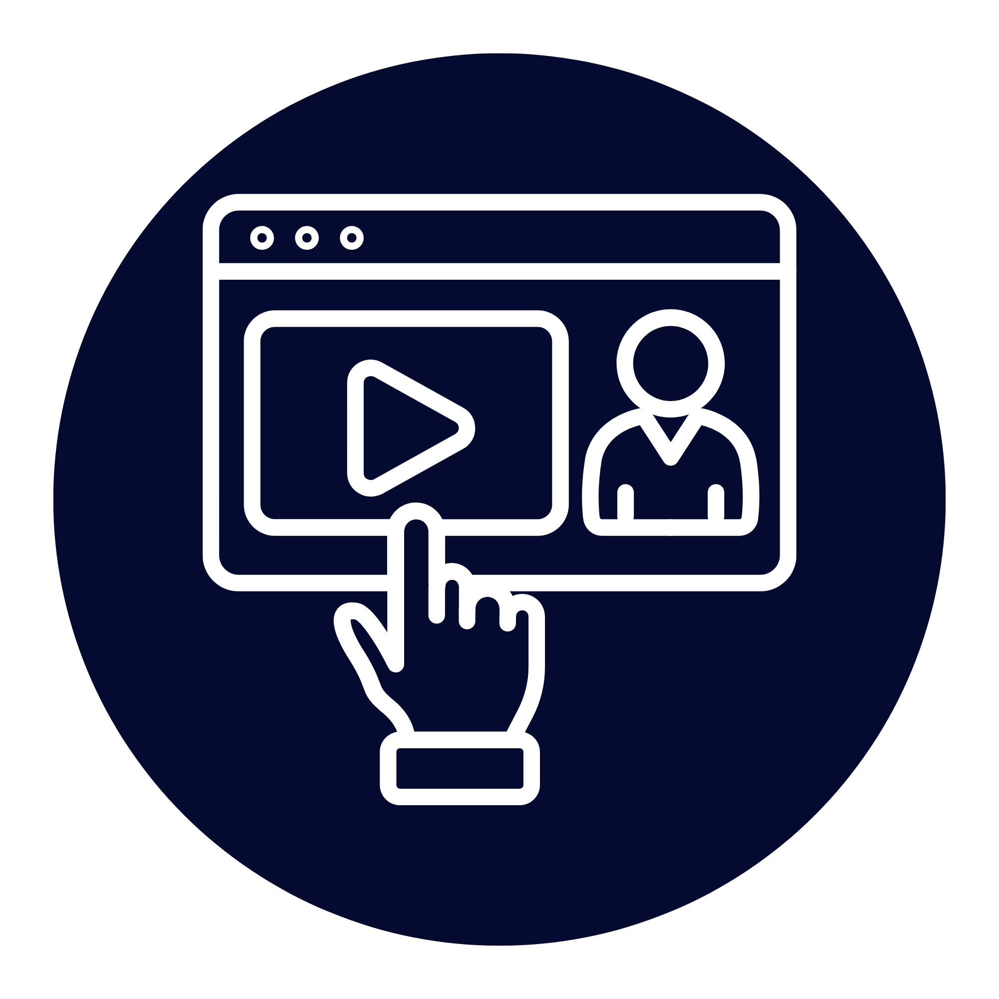 Line drawing of a computer screen with a play button, a person icon, and a check mark, enclosed in a circle.