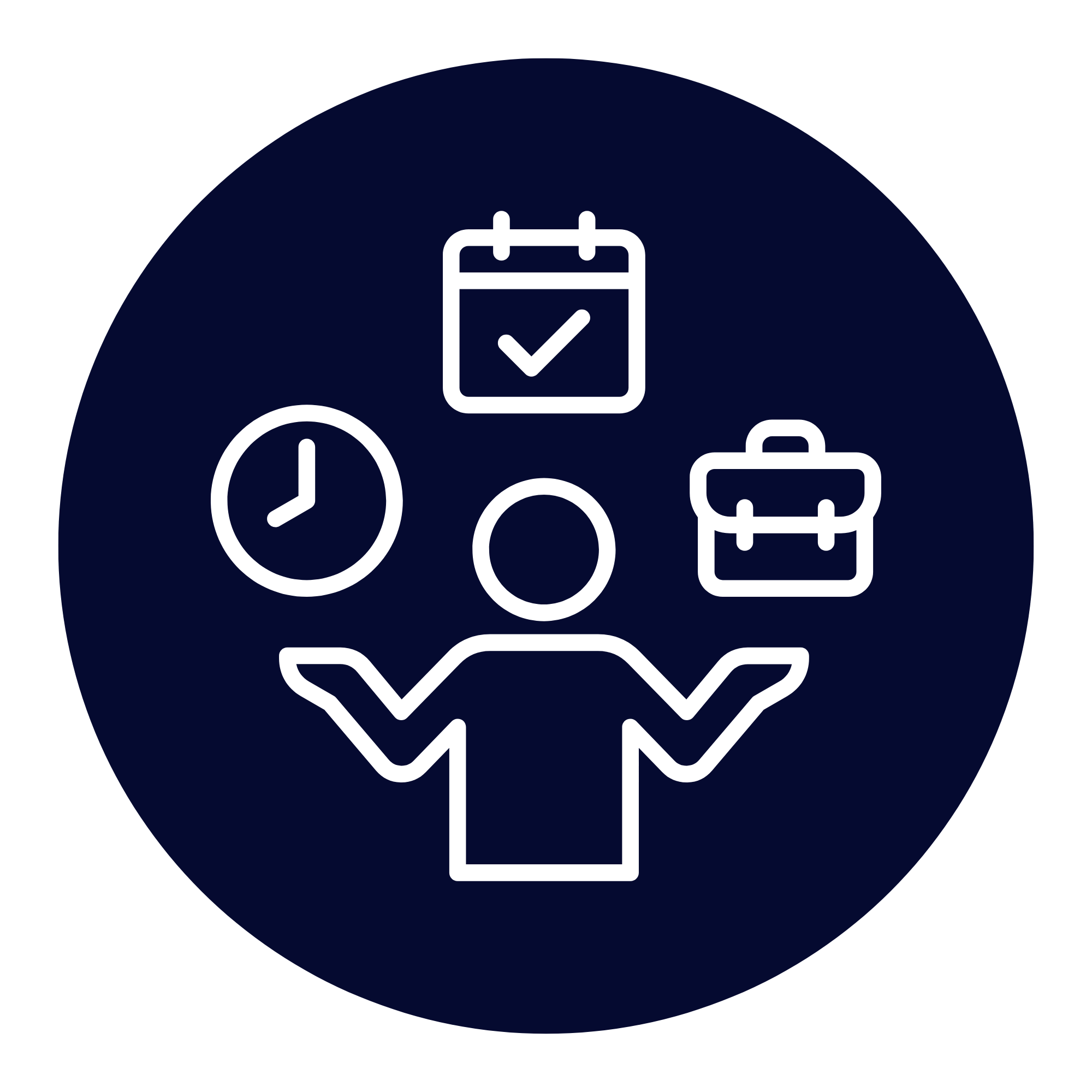 Icon of a calendar with a checkmark, a clock, a briefcase, and location pins on a dark circular background.