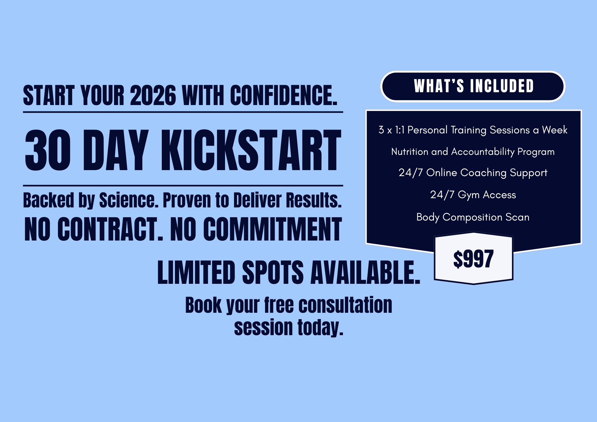 A promotional flyer for a 30-day fitness kickstart program; blue background with large bold text, details on included services, and pricing.