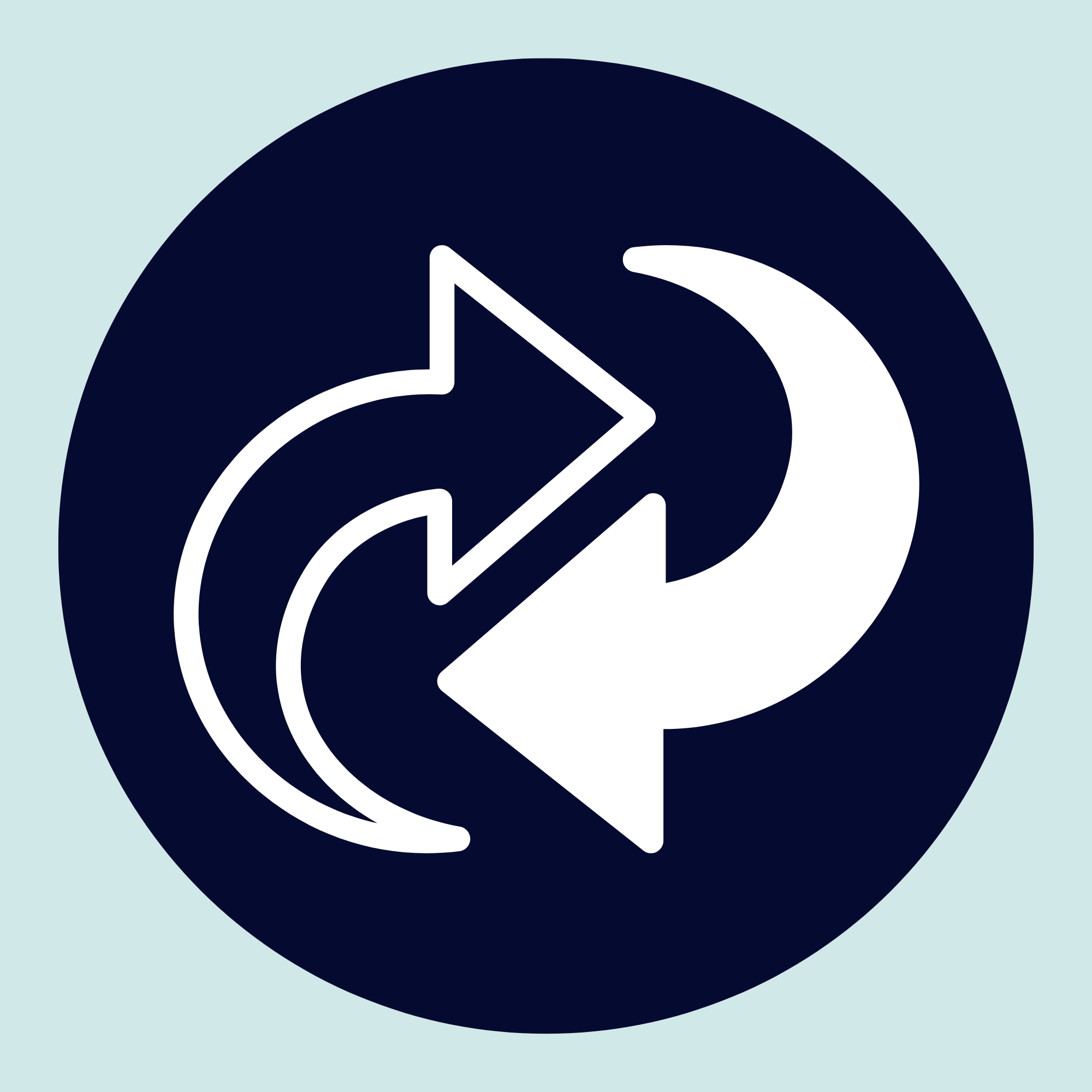 Close-up of a black circle with a white play button icon inside, surrounded by partial white curved arrows, against a light blue background.