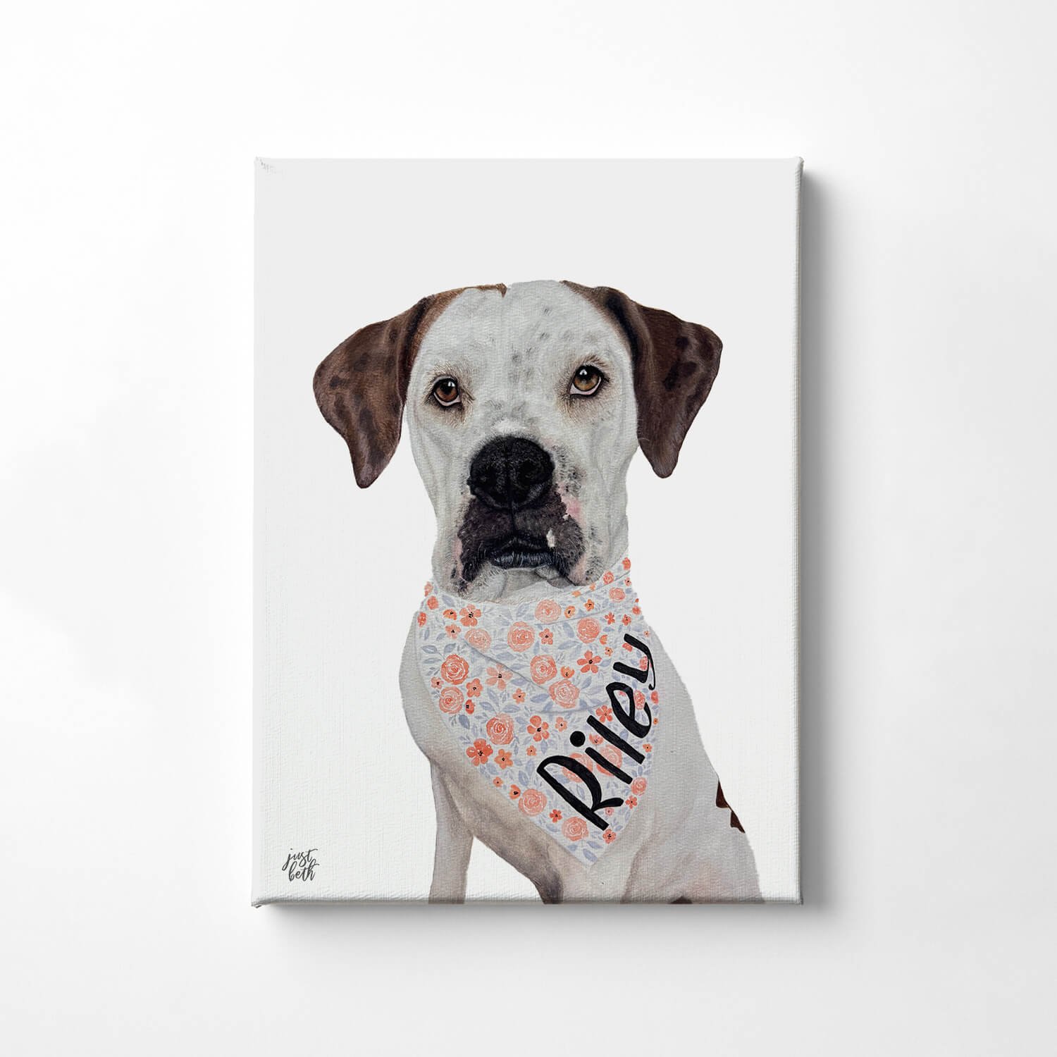Custom watercolor painting featuring a dog with floral bandana, created by Just Beth Designs.