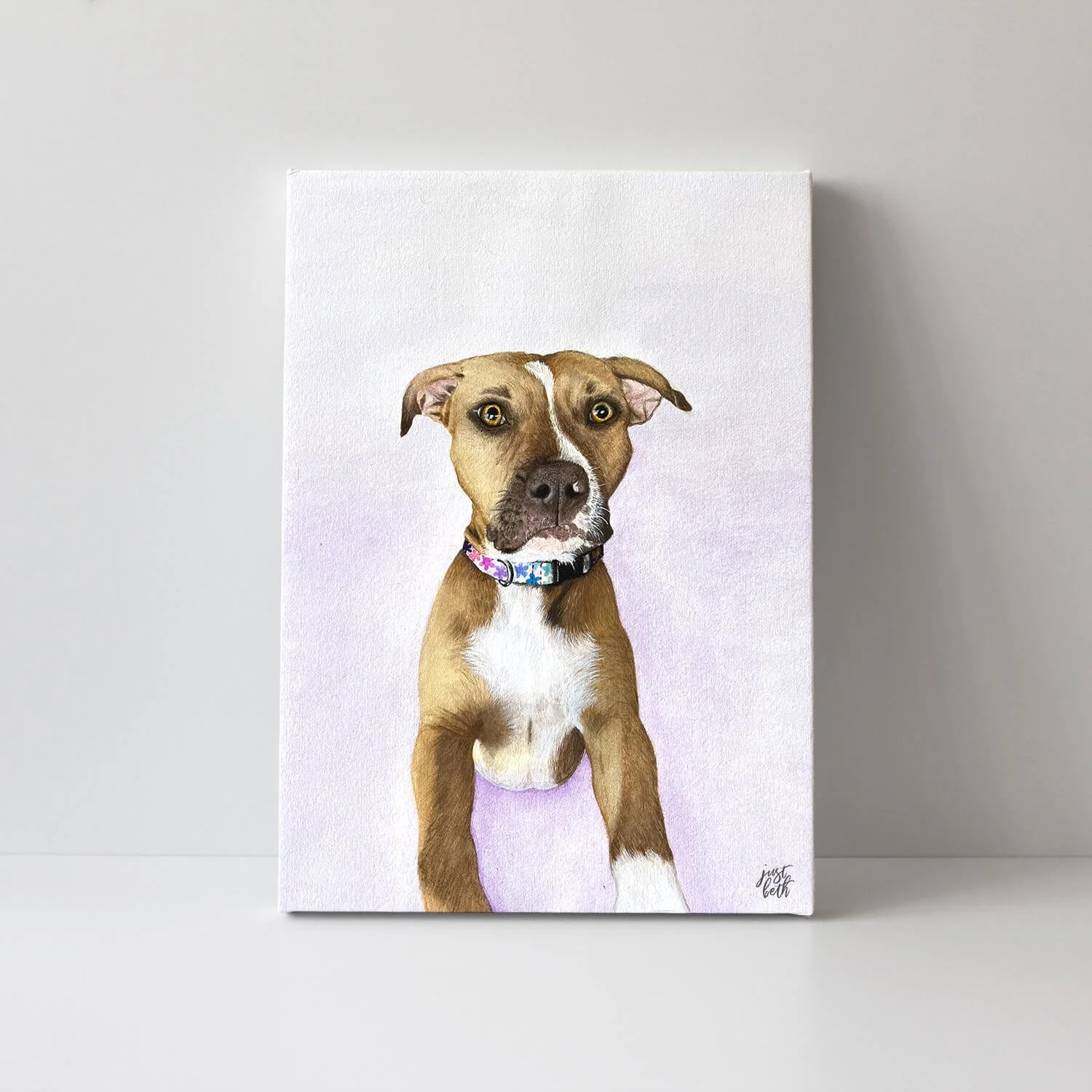 Custom watercolor pet portrait of a Pitbull, painted by Beth Ramirez to capture expressive eyes and fine fur details.