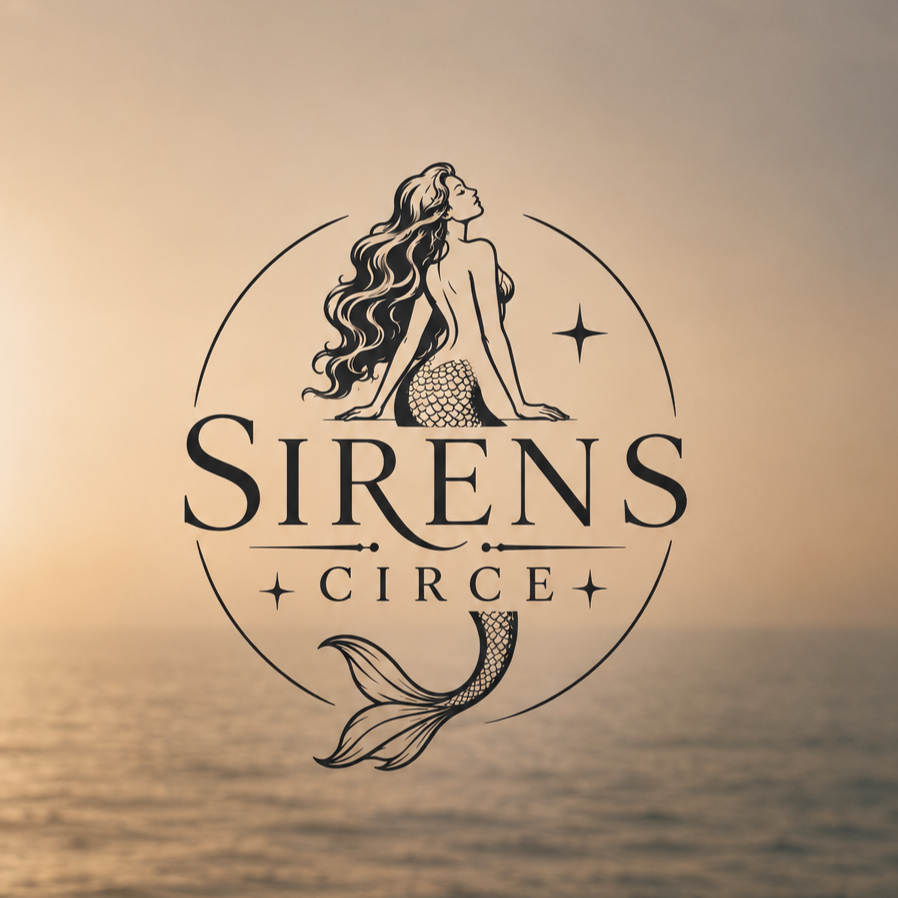 A mermaid logo with the text 'Sirens Circle' and an illustration of a mermaid with long wavy hair, sitting with her tail curved, on a background of a sunset over the ocean.