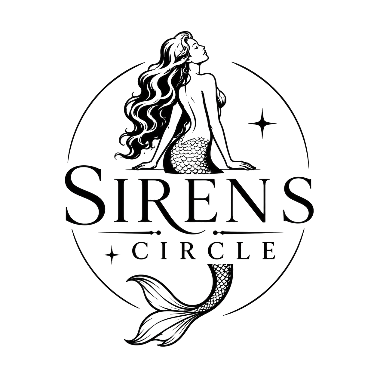 Logo with an illustration of a mermaid with long hair, sitting and looking upward, surrounded by small stars, with the words Sirens Circle below.