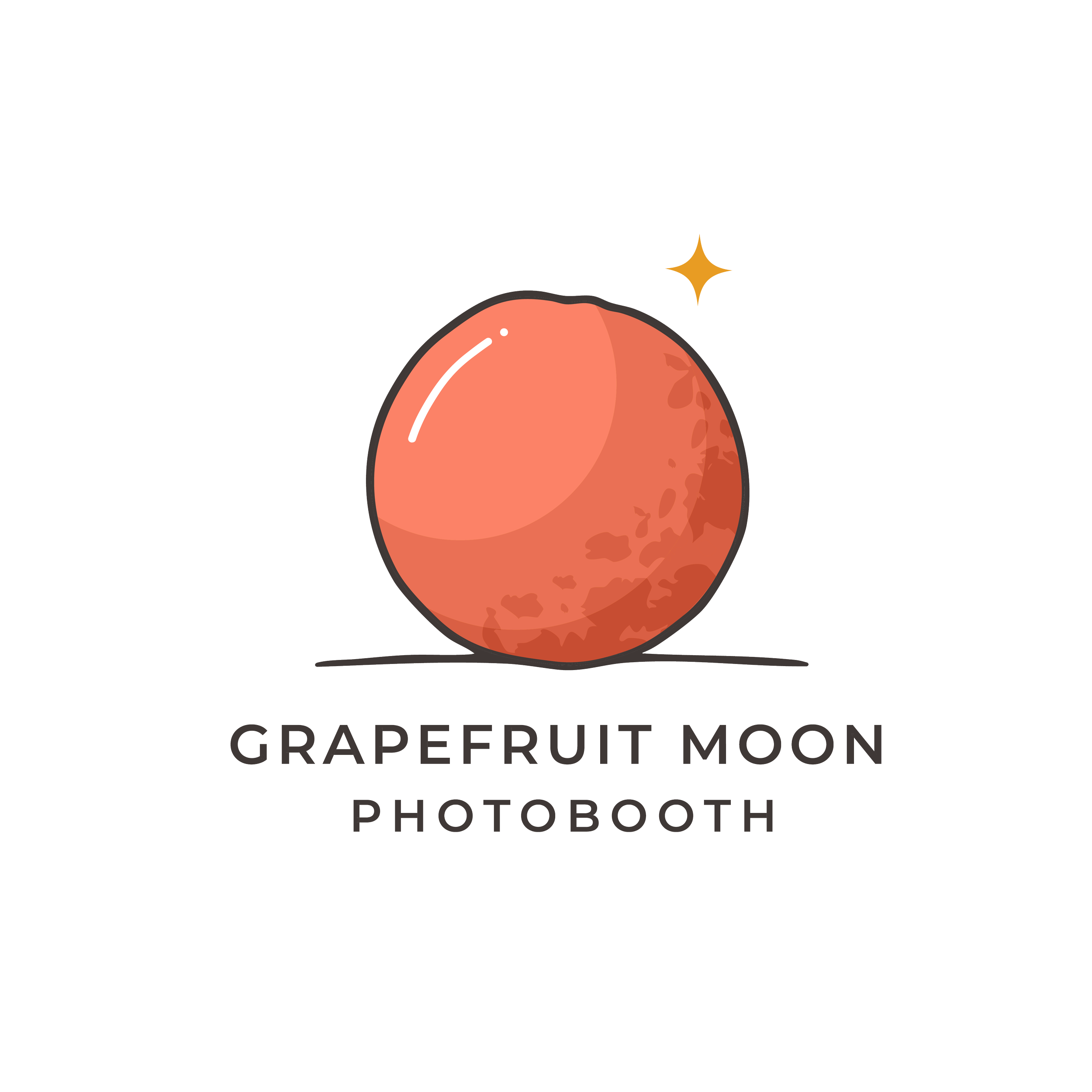 Illustration of a peach with a star-shaped sparkle next to it, with text below that reads 'Grapefruit Moon Photo Booth'.